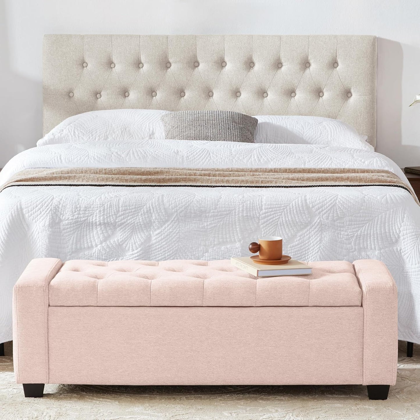 48" Ottoman with Storage, Pink Storage Ottoman Bench with Safety Hinge, Upholstered Entryway Bench with Seating for Bedroom, Living Room, Holds up to 330 lb