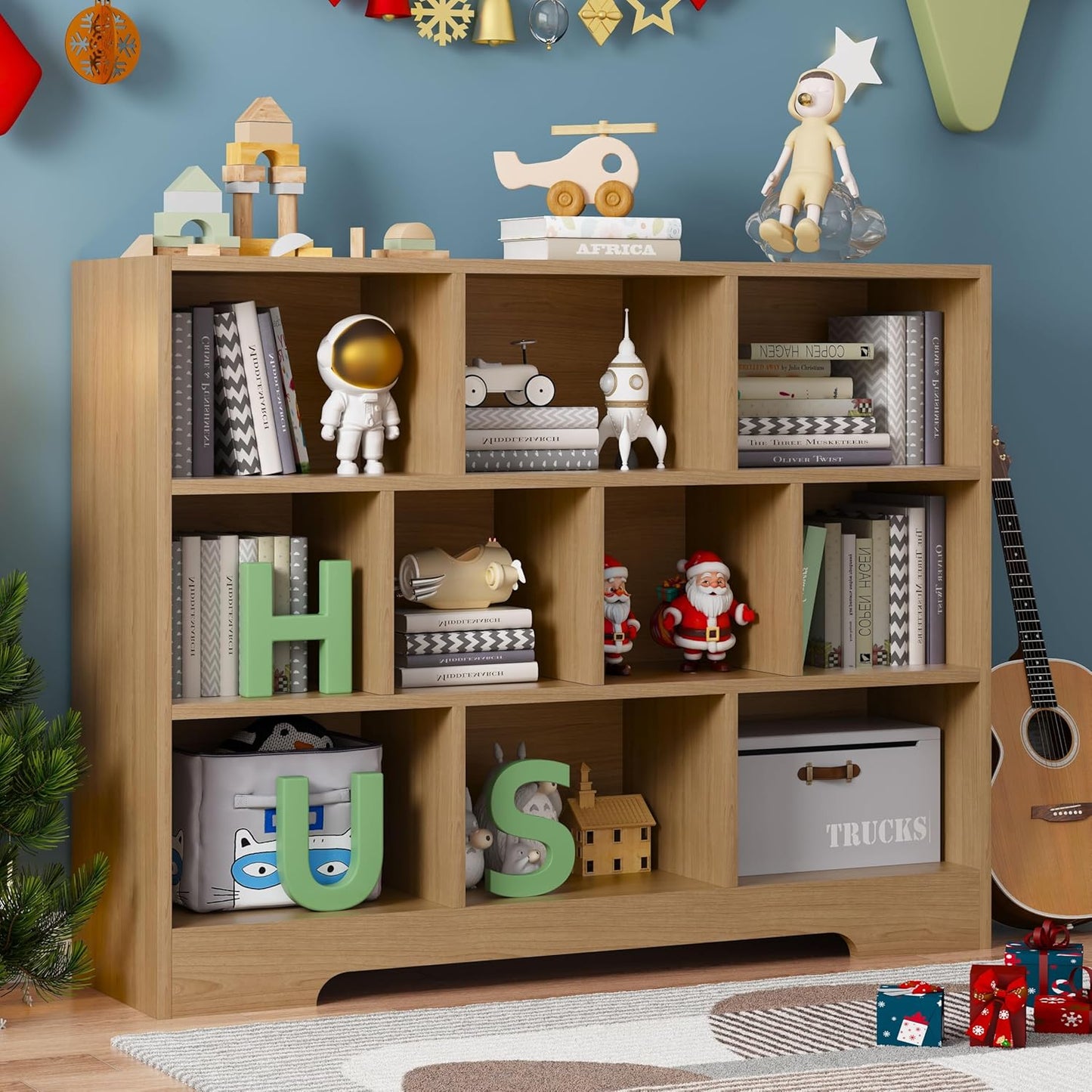 Book Shelf, 10 Cubes Storage Organizer, 3-Tier Open Shelf Wooden Bookcase, Freestanding Log Bookshelf Cube Shelf for Bedroom, Living Room, Home Office