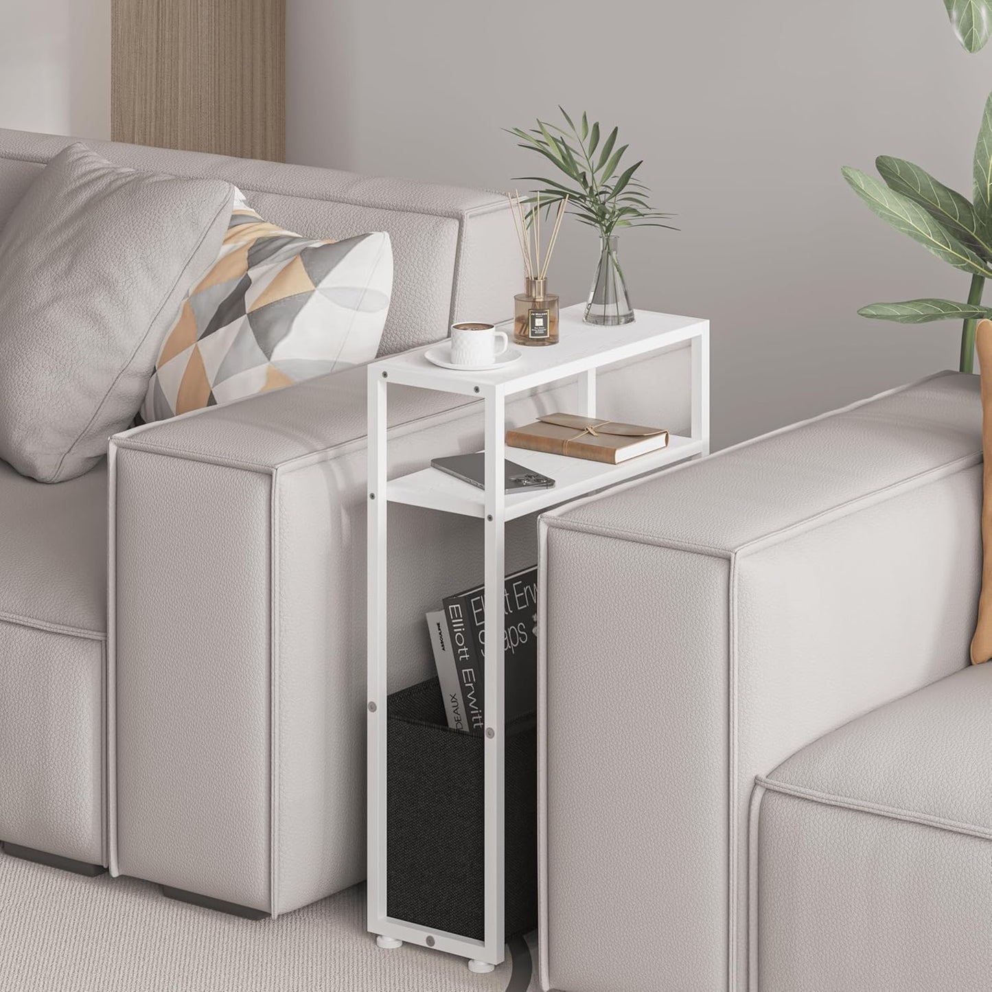 Narrow Side Table, Slim End Tables with Fabric Basket, Skinny Table for Small Spaces, Thin Bedside Table for Living Room, Bedroom, White, ZBZ01