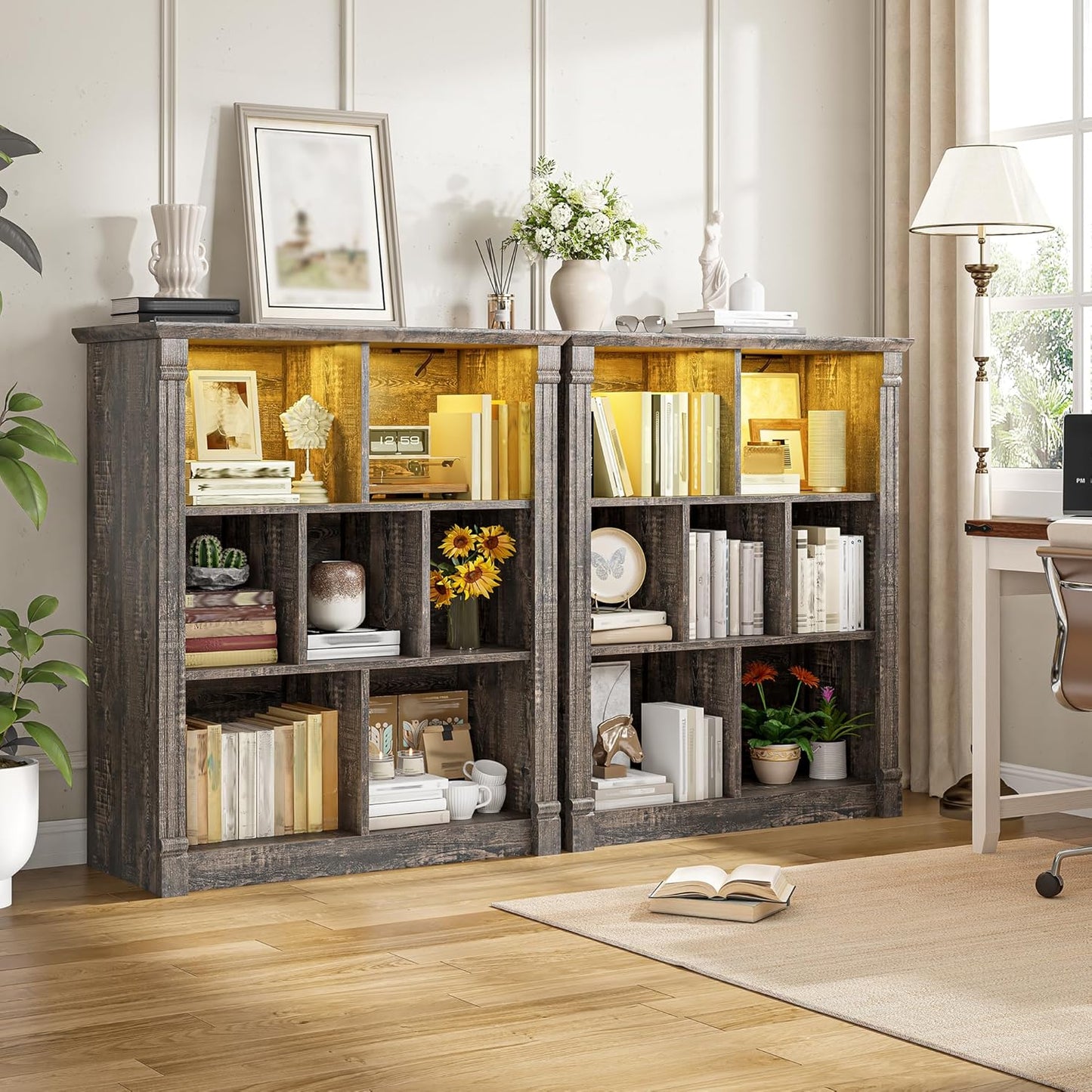 EnHomee 7 Cube Bookshelf Cubby Storage Organizer with LED Lights and Charging Station, Wood Shelf Display Cabinet for Bedroom, Living Room, Office Black Oak