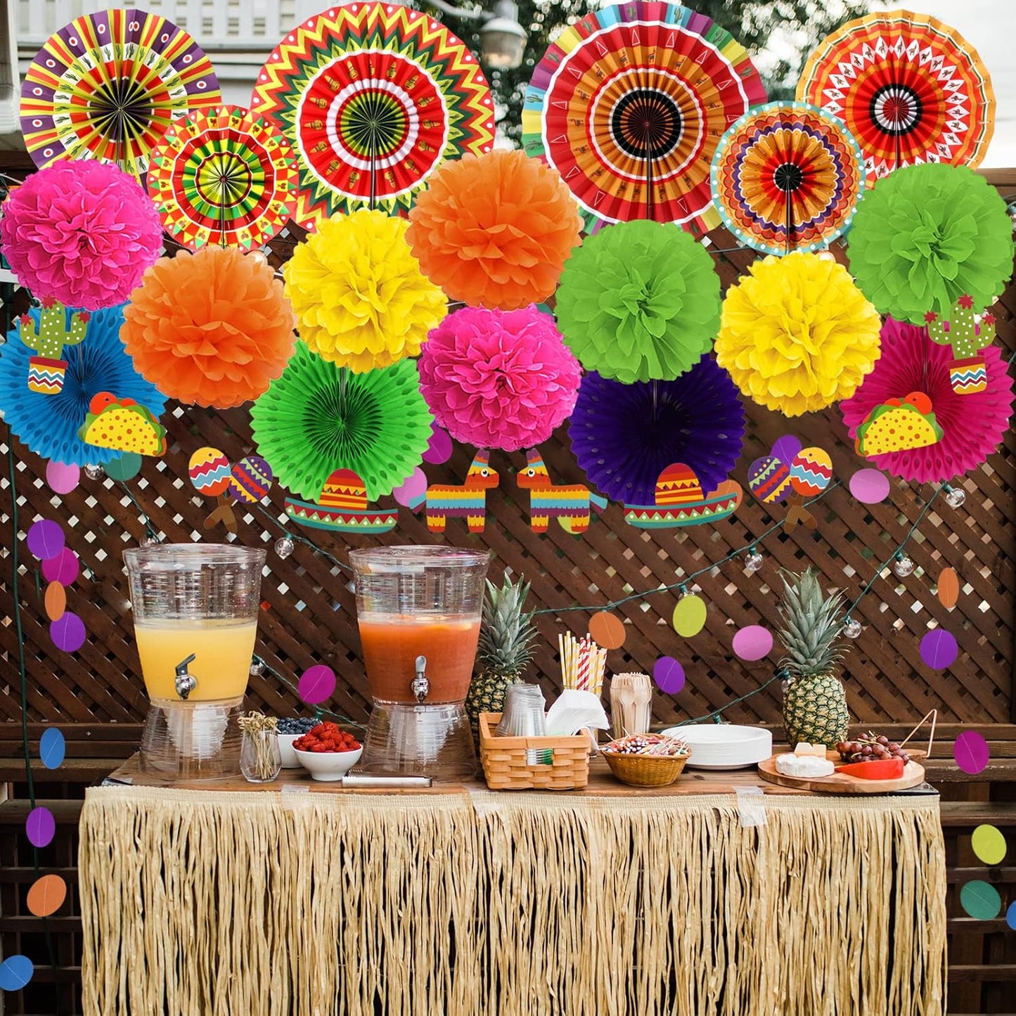 ZERODECO Fiesta Mexican Party Decorations, 21 Pcs Multi-color Paper Fans, Pom Poms Flowers for Cinco De Mayo Taco Themed Birthday Party Supplies