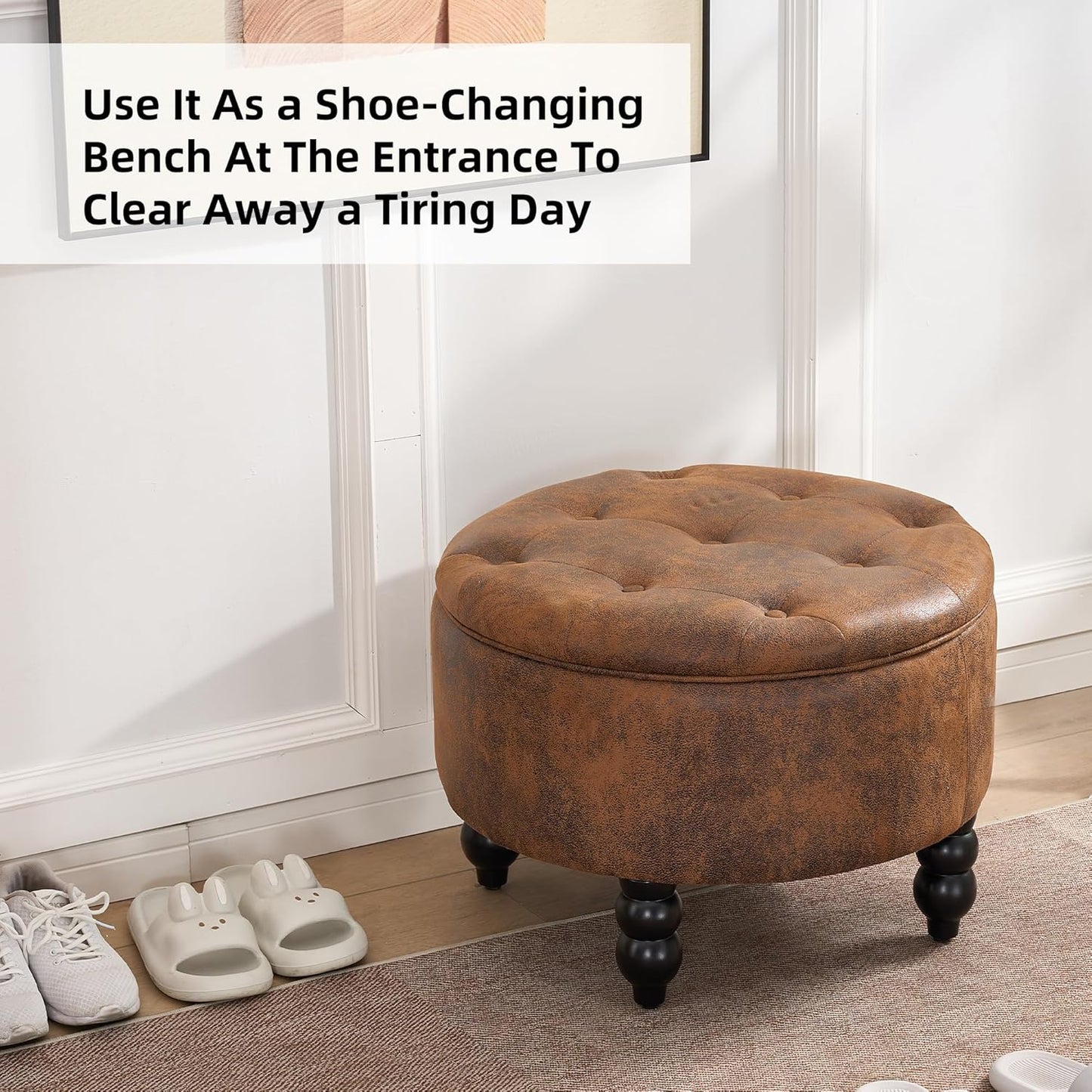 PU Leather Round Ottoman with Storage, Upholstered Tufted Storage Footstool, Modern Wooden Coffee Table for Living Room, Bedroom,Light Brown(PU)