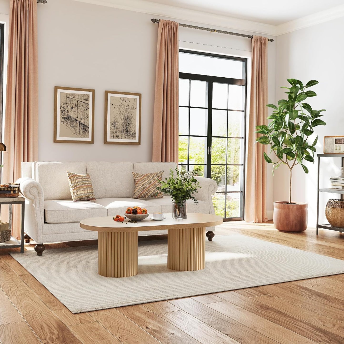 Oval Fluted Coffee Table, Farmhouse Wood Coffee Table Mid Century Modern Center Table Boho Living Room Tables for Living Room Office (Natural, 19.69" D x 39.38" W x 13.78" H)