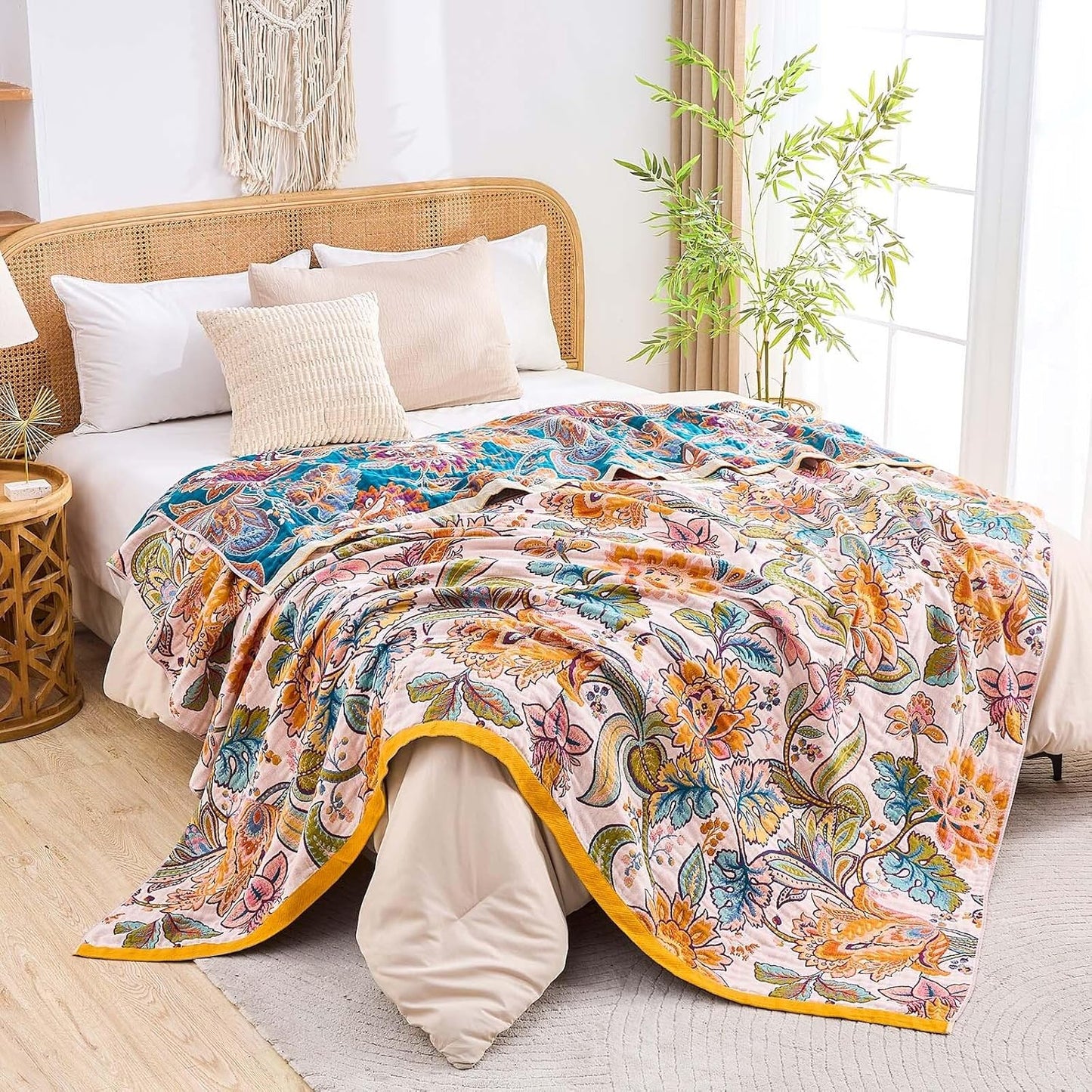 Boho Throw Blanket for Bed, 100% Cotton Soft Rustic Quilt Fall Blanket, 90"x98" Floral Printed Farmhouse Decor Bed Blankets, All Season Rustic Reversible Bohemian Throw Quilt