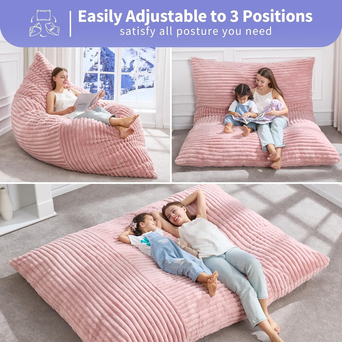 Hobestluk 3 in 1 Bean Bag Chair Giant Bean Bag Chairs Convertible Bean Bag Floor Cushion with Machine Washable Cover, Beanbag Chairs for Adult (Pink)