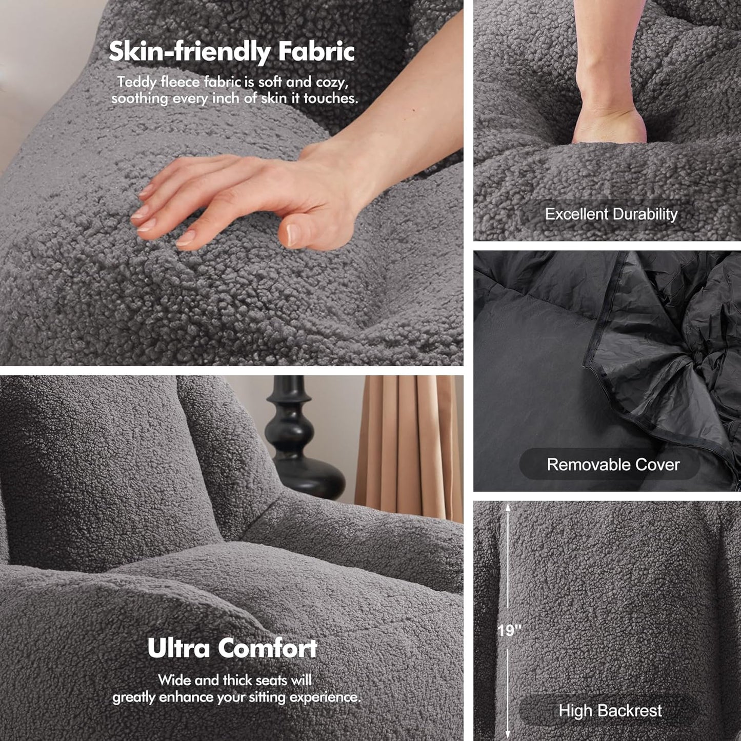 Homguava Bean Bag Chairs for Adults,Giant Beanbag Couch Adult Bean Bag Chair with Filler Included,Modern Lazy Sofa Comfy Chair for Living Room(Dark Grey)