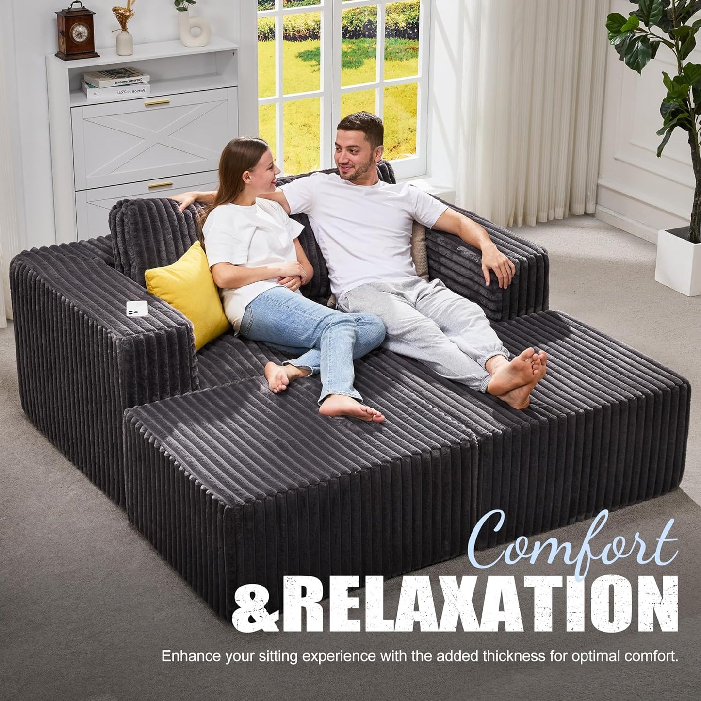 Hobestluk Modular Sectional Sofa Memory Foam Couch Sofa Bed Loveseat with Chaises Cloud Couch with Removable Cover Large Sectional Couches for Living Room (Strip Grey, Sofa Bed)