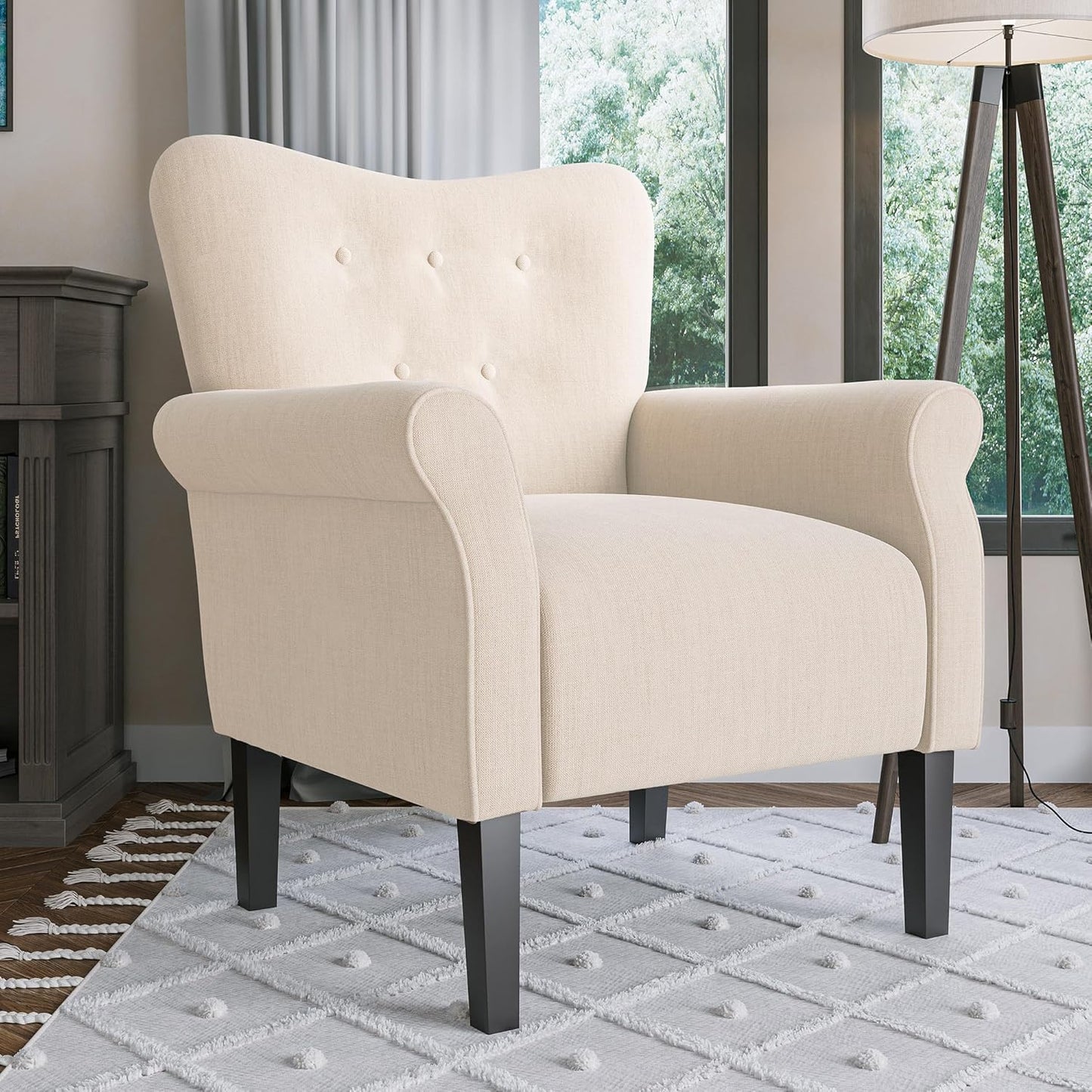 BELLEZE Modern Accent Chair, High Back Armchair, Upholstered Wingback Side Chair, Padded Single Sofa with Wooden Legs for Living Room, Bedroom - Beige