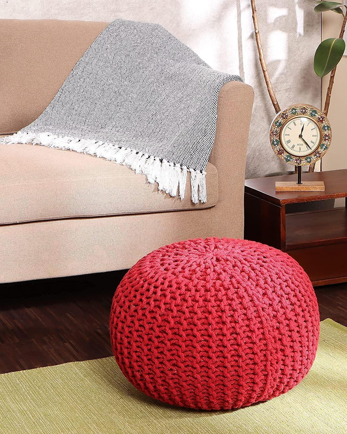REDEARTH Round Pouf Ottoman - Hand Knitted Cable Boho Poof - Foot Stool Bean Bag - Home Décor Stuffed Footrest for Living Room - Nursery - Bedroom - 100% Cotton Poufs (19.5"x19.5"x14") - Red