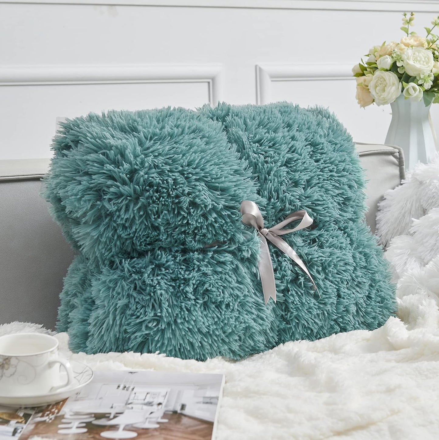 GONAAP Fuzzy Faux Fur Throw Blanket Light Teal Super Soft Cozy Plush Fuzzy Shaggy Blanket for Couch Sofa Bed (Light Teal, Throw(50"x60"))
