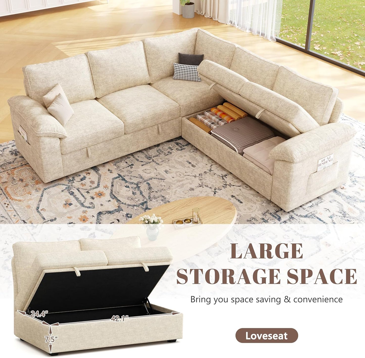 85 Inch Sectional Sleeper Sofa with Pull Out Bed,L Shaped 5 Seat Modular Sectional Sofa with Storage,Sectional Couches for Living Room,Cloud Modular Couch,Removable Sofa Cover,Beige