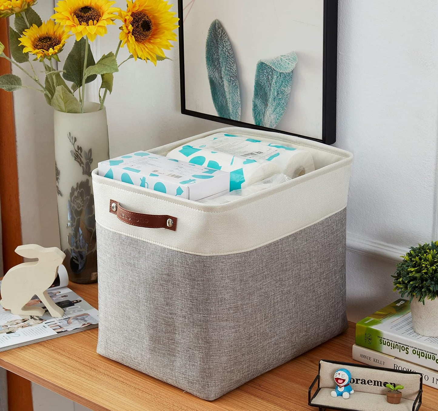 DECOMOMO Storage Baskets | Large Storage Bins 54.5L Fabric Baskets for Organizing Laundry Nursery Toys Cloth Linen Closet Organizers with Handles (Grey and White, XXXL - Jumbo/3P - 17" x 13" x 15")