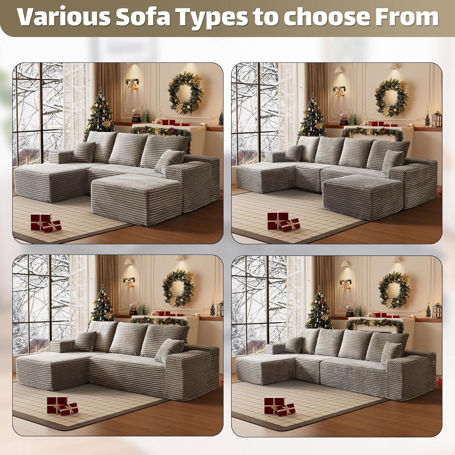 HYJT-H&K Modular Sectional Sofa Cloud Couch, 107" Comfy L Shaped Sectional Couches for Living Room, Deep Seat Memory Foam Plush Fluffy Corduroy Boneless Couch Sectionals Left Facing Sofa Chaise Brown