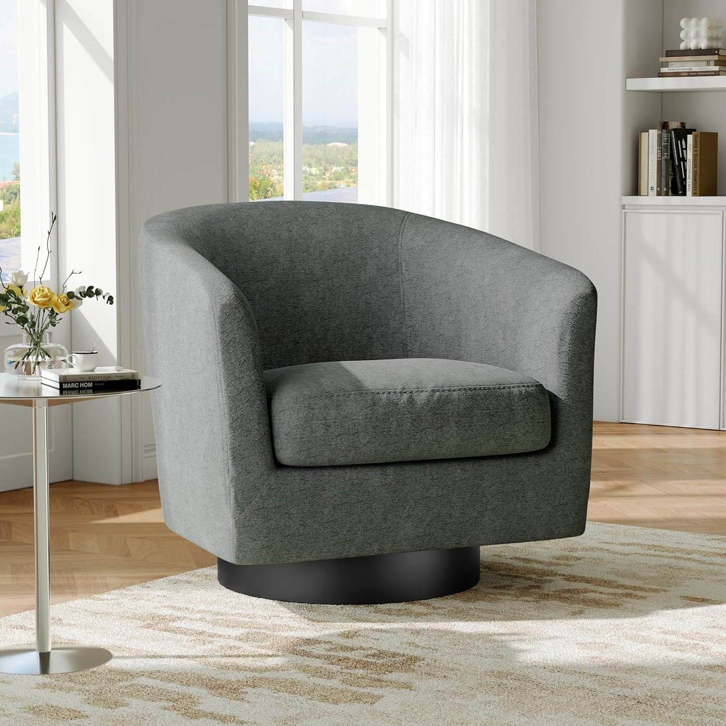 Swivel Barrel Accent Chair, Modern Round Chenille Fabric Arm Chair for Living Room, Bedroom, Comfy Club Reading Chairs for Adults(Chenille Fabric, Grey, Set of 1