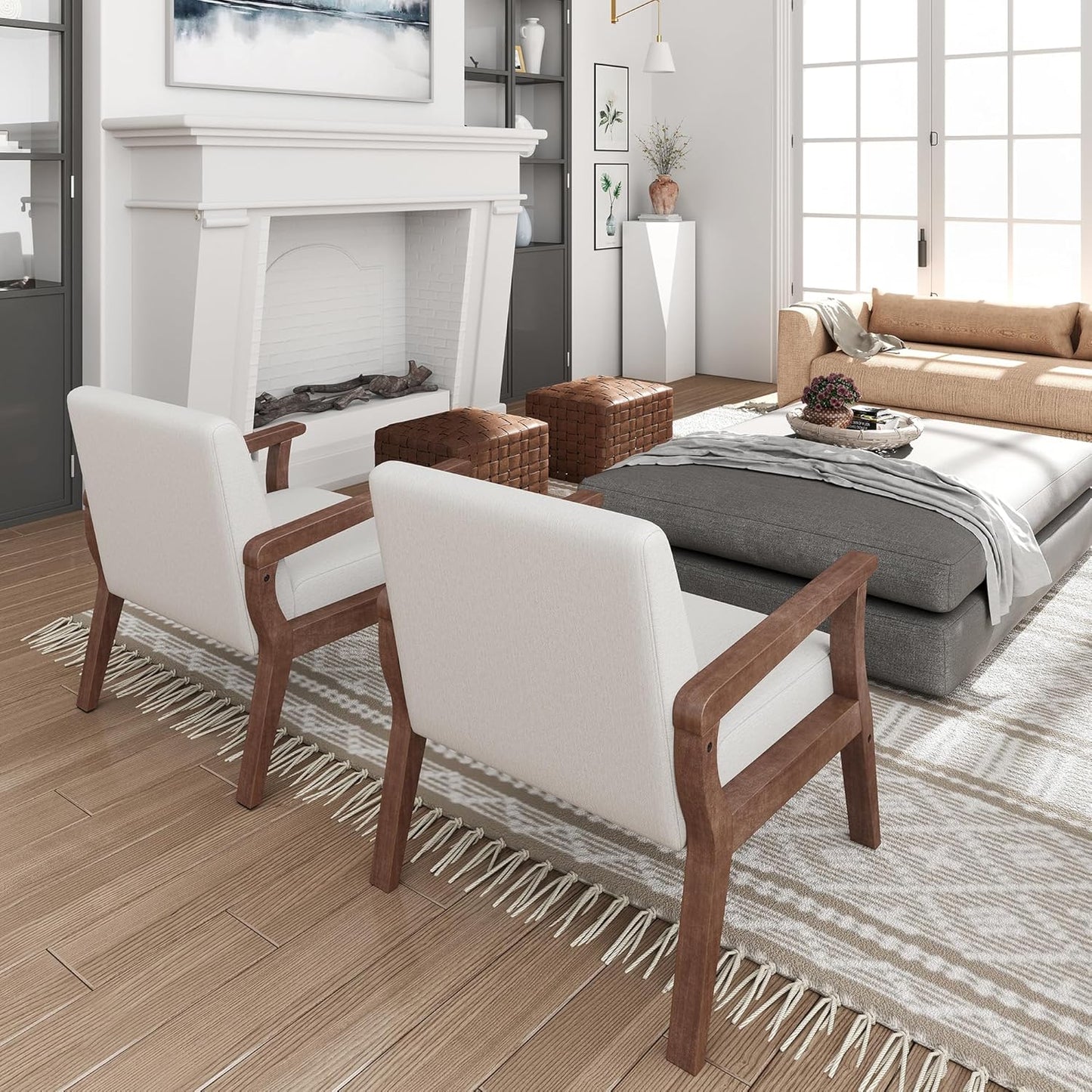 HNY Mid Century Armchair with Wood Frames, Linen Upholstered Living Room Arm Chair, for Living Room, Bedroom, Ivory