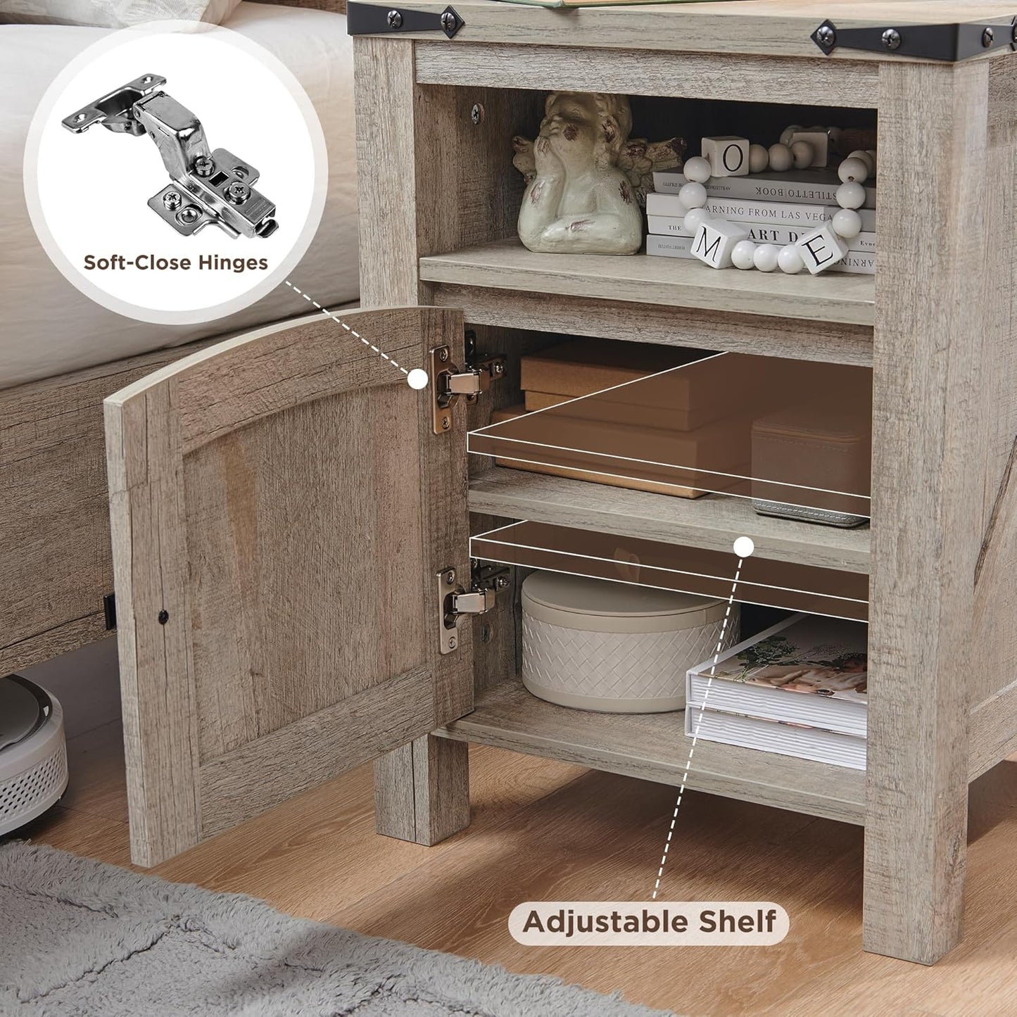 OKD Nightstand with Charging Station Set of 2, 18 Inchs Farmhouse End Table with Adjustable Storage Shelf, Rustic Wood Sofa Side Table for Bedroom