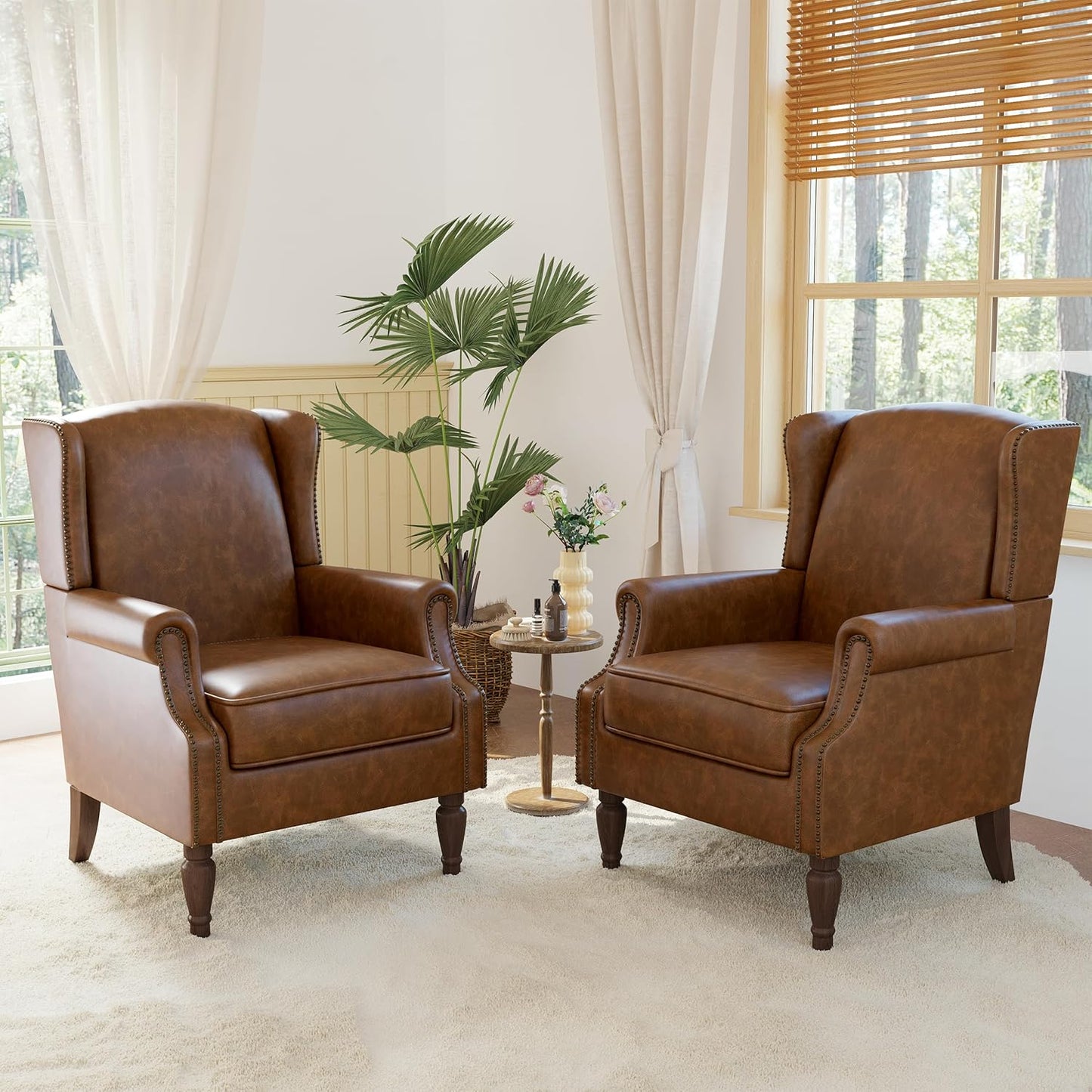 Accent Chairs, Faux Leather High Back Armchair setof 2 or Living Room, Comfy Upholstered Single Sofa Reading Chairs with Solid Wood Legs for Office, Bedroom, Waiting Room-Leather Brown