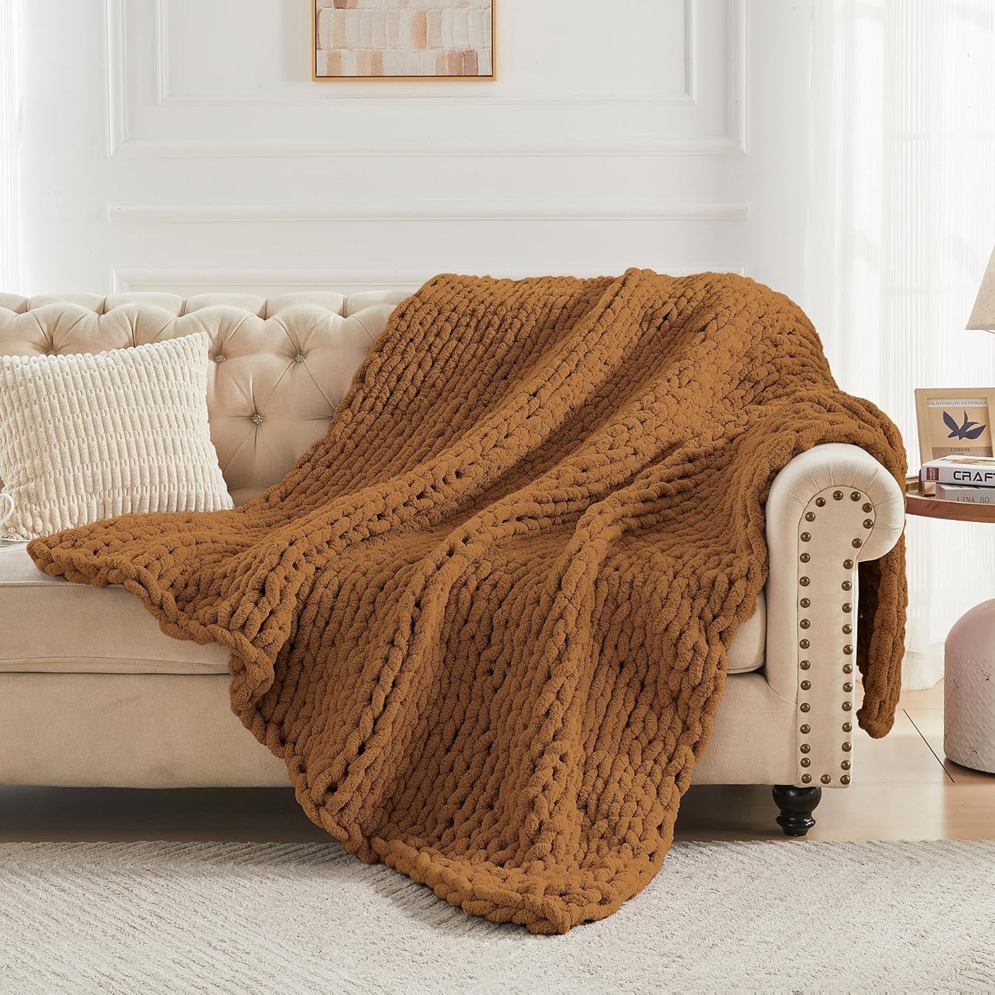 Carriediosa Chunky Knit Throw Blanket 60" X 80" Twin, 100% Hand Made Large Chenille Loop Yarn Soft Fluffy Throws for Couch Sofa Bed, Big Crochet Cozy Heavy Thick Cable Woven Blanket, Light Brown