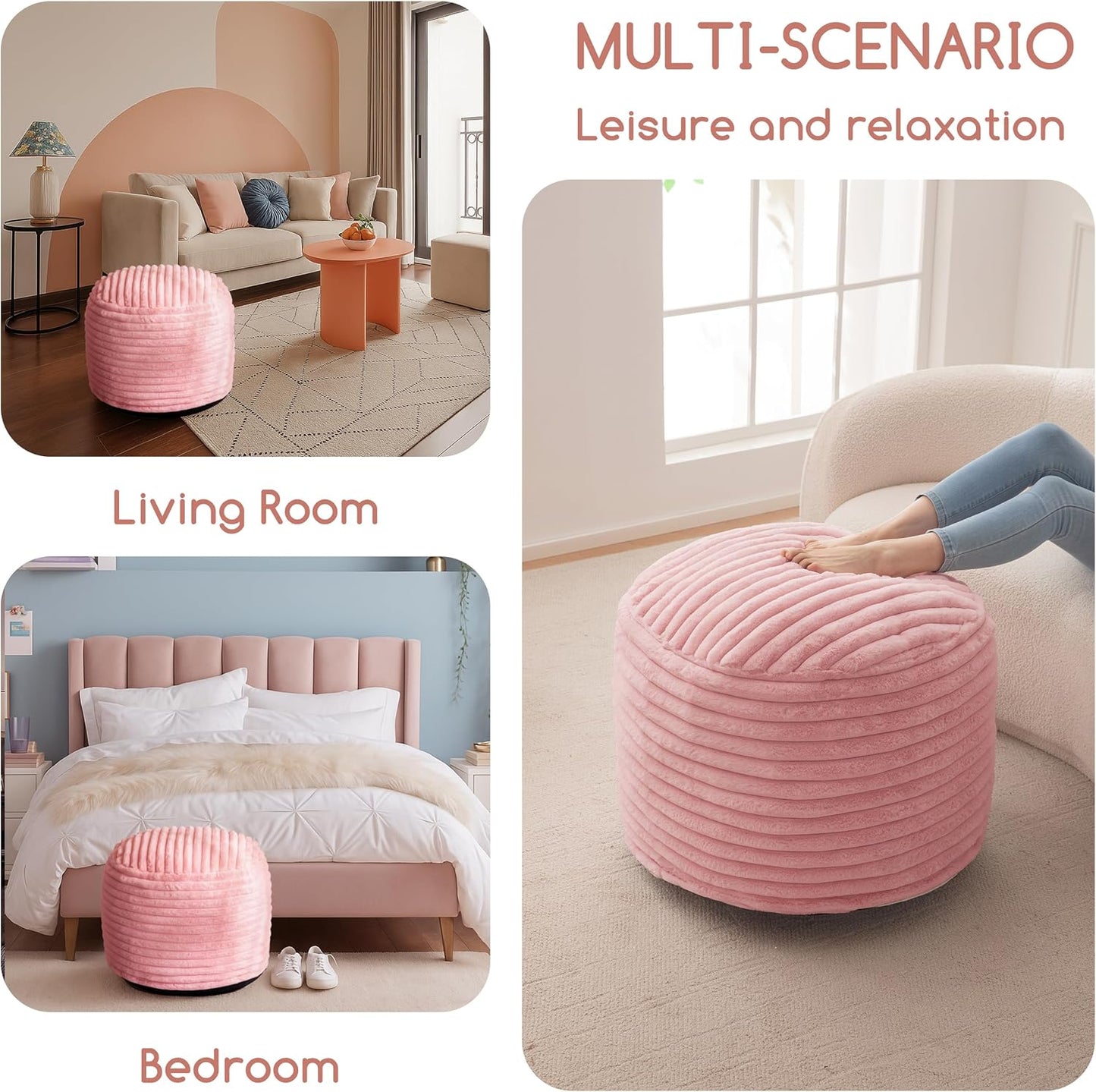 HIGOGOGO Round Stuffed Pouf Ottoman, Stripe Faux Fur Poufs with Foam Chunk Filling, Furry and Fluffy Pouf Foot Stool Storage Ottoman, 26 X 18 Floor Poufs Foot Rest for Living Room, Pink