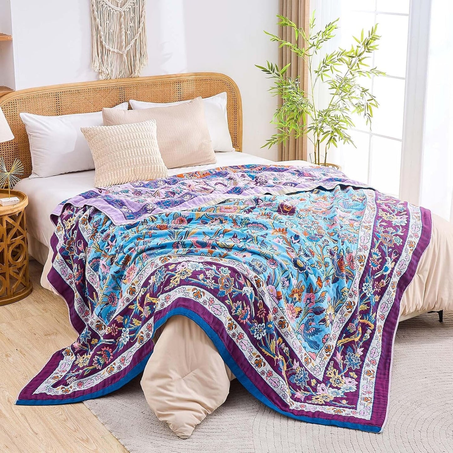 Fall Blanket for Bed, 100% Cotton Soft Rustic Boho Throw Blanket Quilt, 80"x90" Farmhouse Decor Bed Flower Blankets, Light Weight Reversible Bohemian Throw Quilt