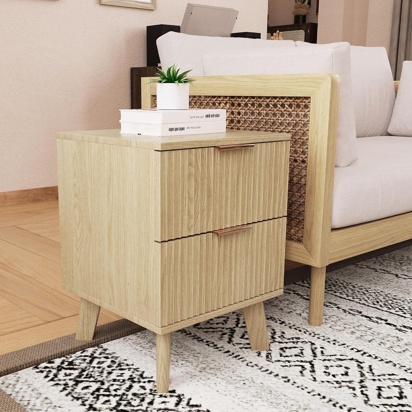 Fluted Nightstand, Mid Century Modern 2 Drawer Bedside Table for Bedroom, Small Dresser Night Stand Side End Table with Wood Fluted Drawer Storage for Bedroom Closet(Natural)