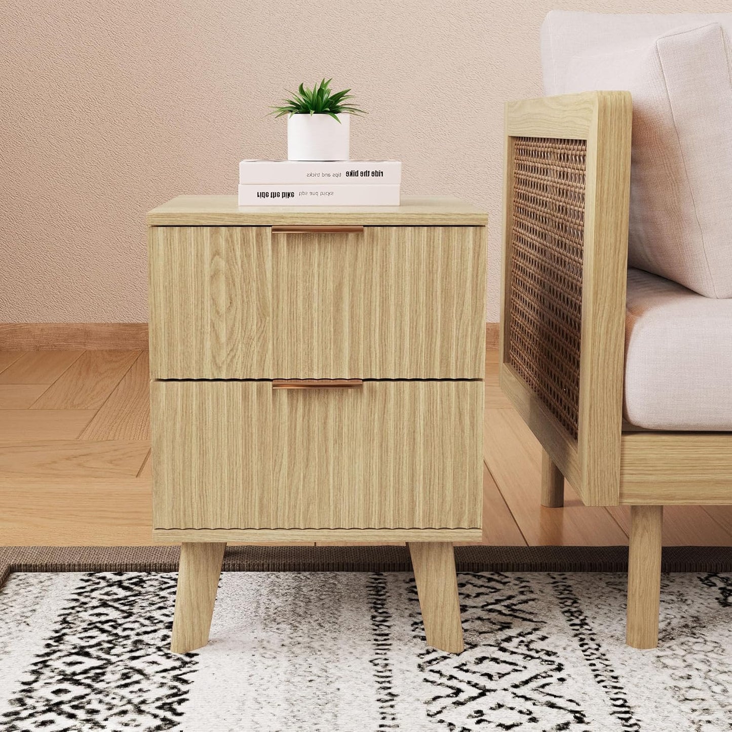Fluted Nightstand, Mid Century Modern 2 Drawer Bedside Table for Bedroom, Small Dresser Night Stand Side End Table with Wood Fluted Drawer Storage for Bedroom Closet(Natural)