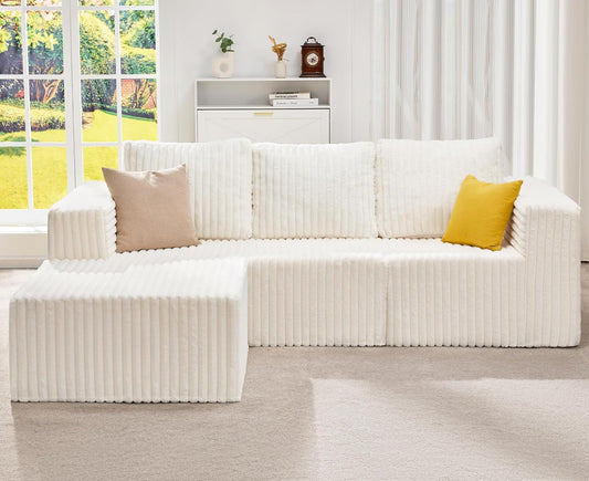 Hobestluk Modular Sectional Sofa Memory Foam Couch Oversized Sectional Sofa 3-Seater with Chaise Cloud Couch with Removable Cover L Shape Sofa for Living Room (Strip White, 3-Seater with Chaise)