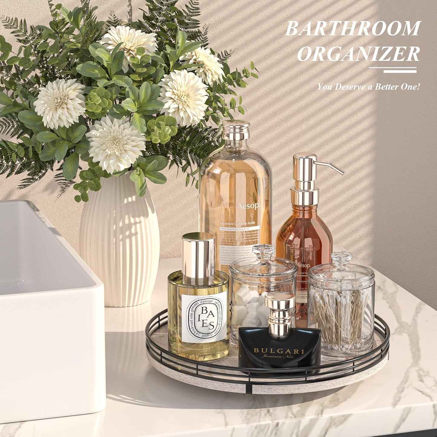 12" Farmhouse Lazy Susan for Kitchen & Coffee Table Decor β Rustic Wood Tray with Black Metal Frame, Decorative Centerpiece for Dining Room, Ottoman, Living Room, Serving or Vanity Use