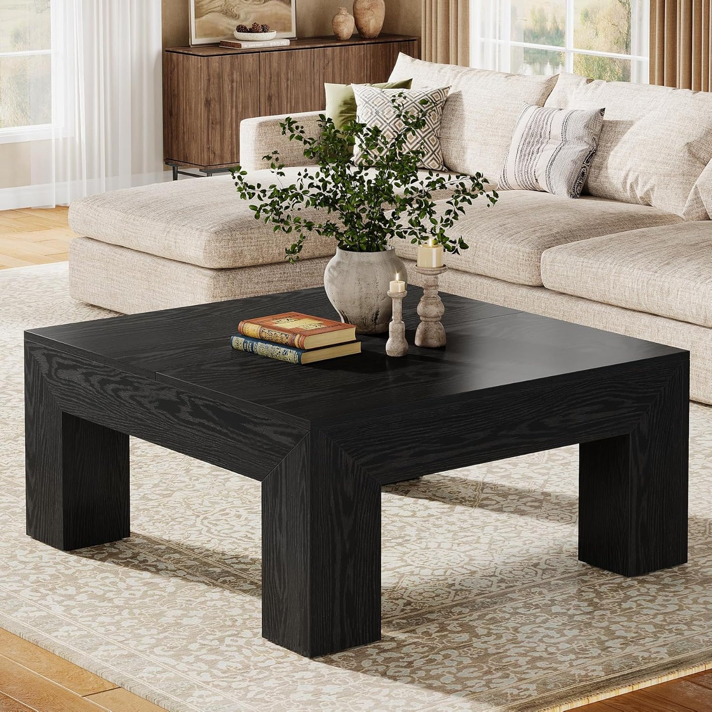 Tribesigns 39.4-Inch Square Coffee Table for Living Room, Farmhouse All MDF Accent Center Cocktail Table with Sturdy Wooden Legs, Easy Assembly, Black