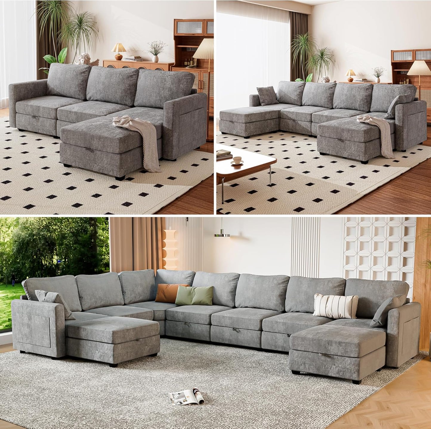 mestyl Modular Sectional Sofa Convertible U Shaped Sofa Couch Set with Storage for Living Room, Modern 4 Seater Modular Sectional Couch with 2 Movable Ottoman (Grey)