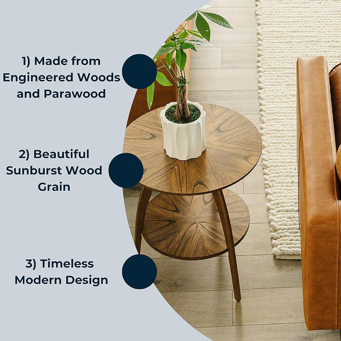 Martin Svensson Home Round Wood Nutmeg Brown Living Room End Side Accent Table Nightstand with Storage Shelf