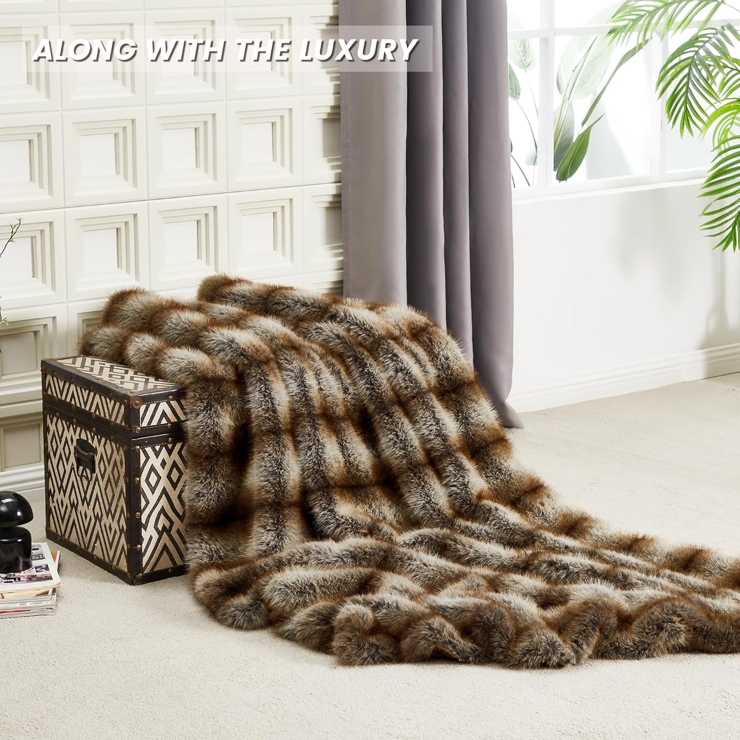 DREAMNINE Premium Luxury Fuzzy Animal Skin Faux Fur Throw Blanket 50" x 60", Double Sided Soft Long Shaggy Lion Fluffy Bear Blankets, Thick Warm Cozy Accent Wolf Furry Blanket for Winter,Reddish Brown