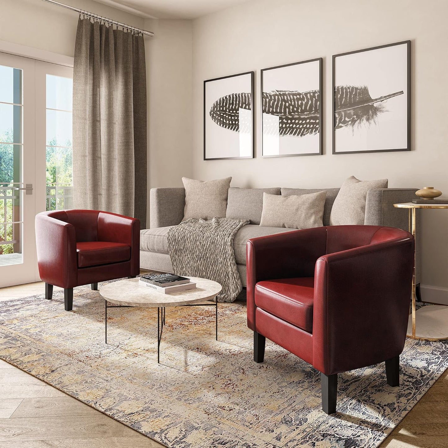 BELLEZE Accent Barrel Chair,Set of 2 Round Chair Club Tub Sofa Corner Chair with Flared Legs and Cozy Soft Padding for Living Room Bedroom Waiting Room - Red