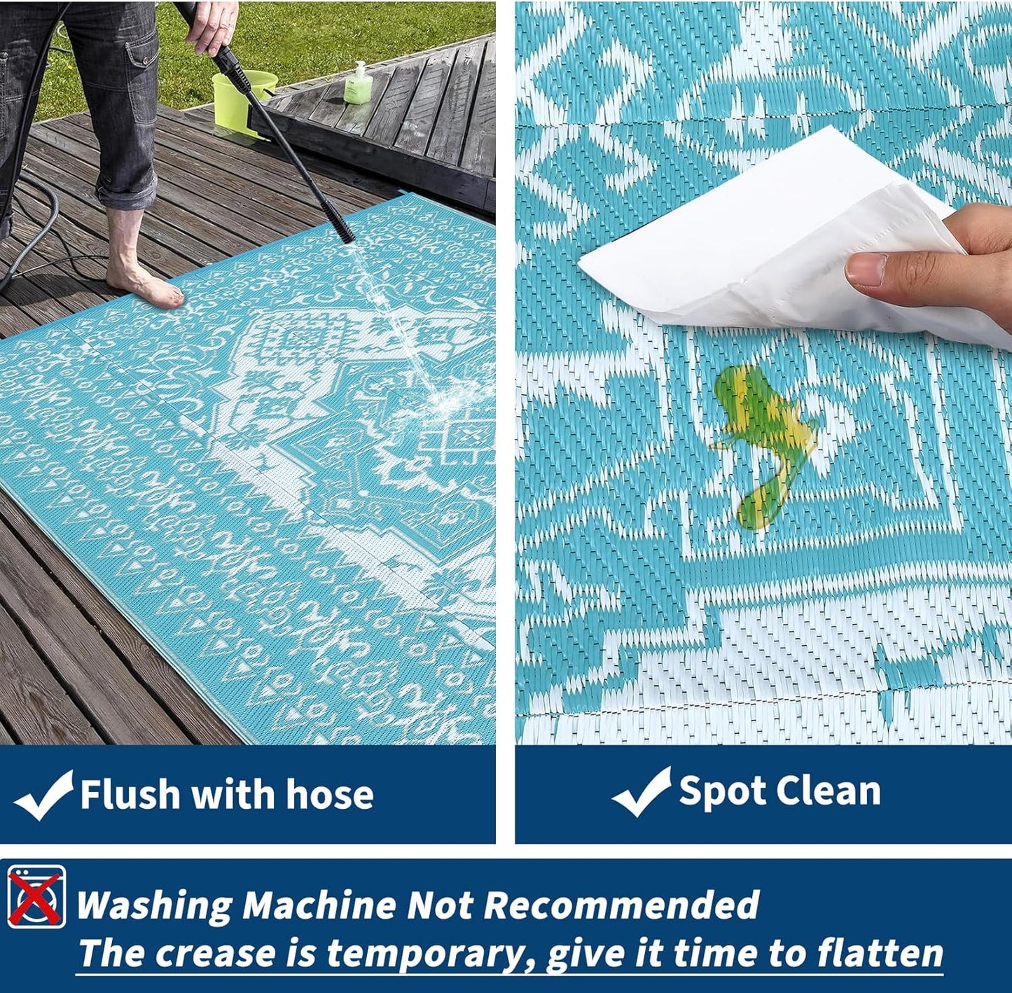 GAOMON Outdoor Rug Waterproof 9x18 Reversible Plastic Straw Rug, Large Rugs for Patio UV-Resistant Portable RV Camping Mats, Indoor Outdoor Medallion Carpet for Deck Porch Garden, Light Blue