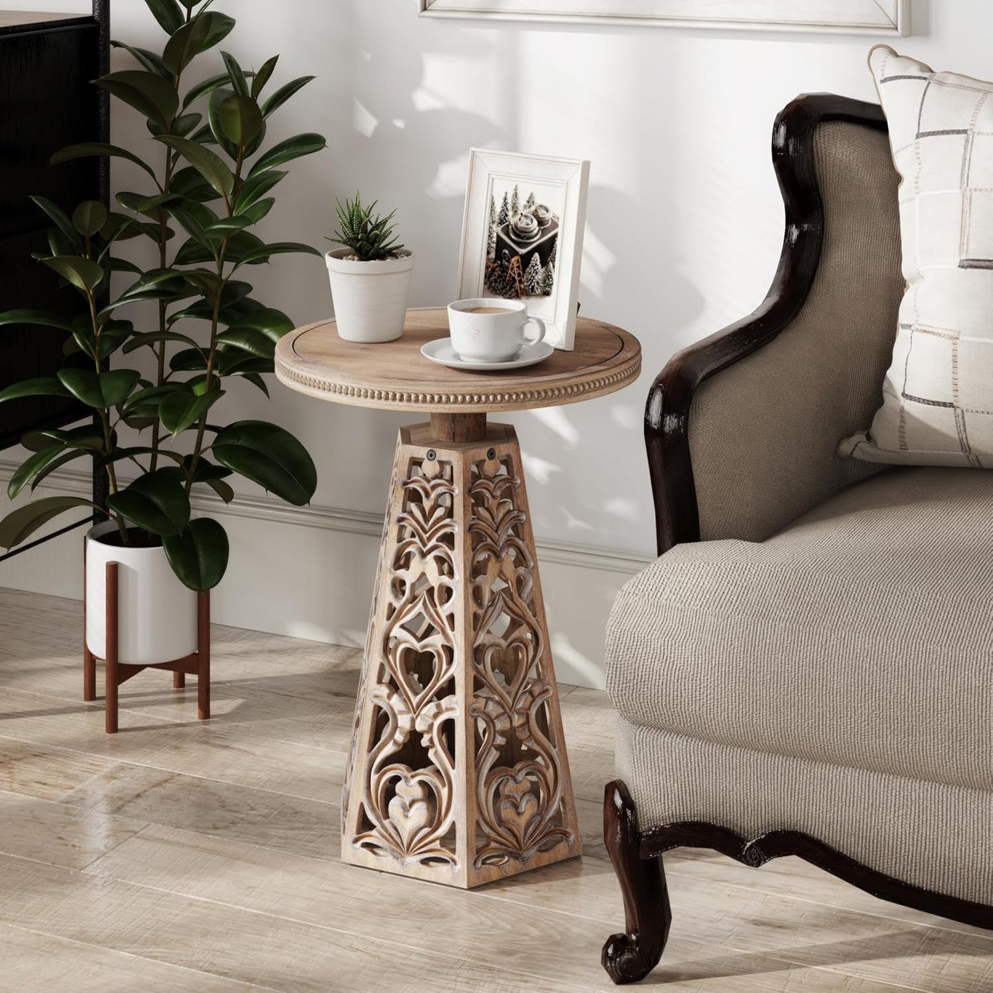 Rustic Farmhouse Wooden End Table, Distressed Round Accent Table with Intricate Carved Floral Patterns, Boho, for Living Room, Bedroom, or Entryway, Distressed Wood Color