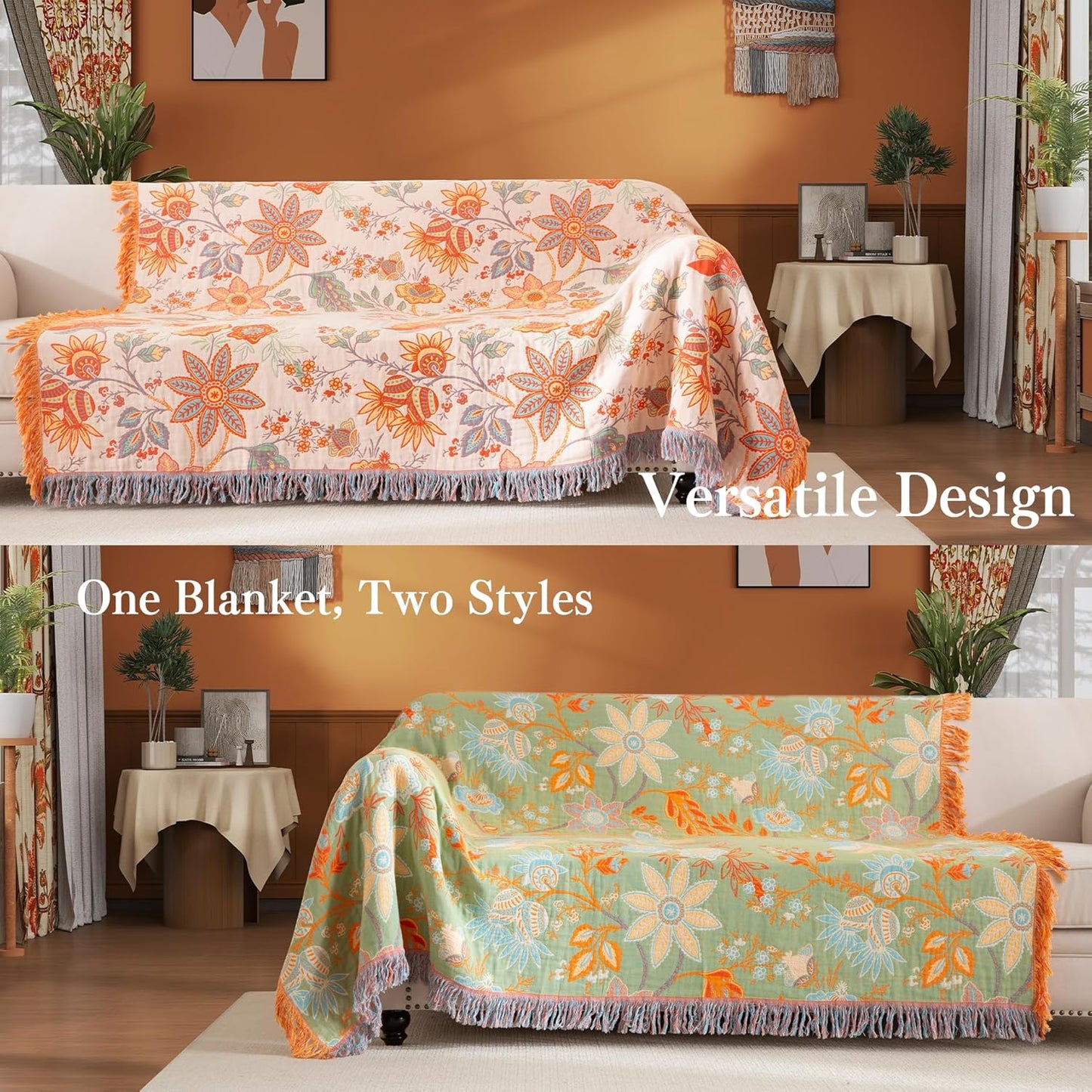 Boho Throw Blanket Full Size, Soft Cozy Cotton Muslin Quilt Blanket for Bed Decor, Floral Patterned Couch Sofa Chair Cover, Vintage Farmhouse Cottage Tapestry Woven Blanket, Coral&Green