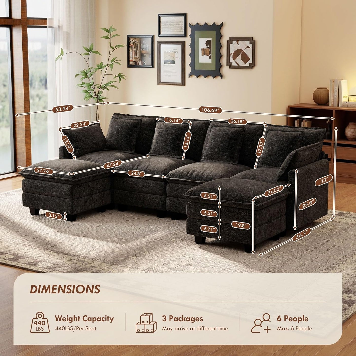 Ihanherry 106" L Shaped Modular Sectional Cloud Sofa, Modern 6 Seat Chenille Couch with Ottoman for Living Room, Bedroom and Apartment, Black