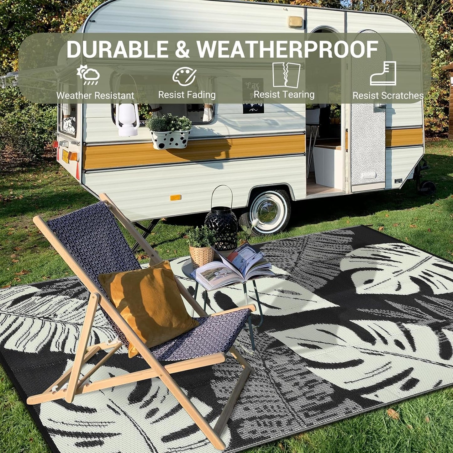 GAOMON Outdoor Rug Waterproof 9x18 Patio Rug Reversible Camping Mat, Foldable Portable Outdoor Plastic Straw Rugs RV Picnic Carpet with Bag & 4 Stakes, UV Resistant Outside Carpet for Deck Balcony