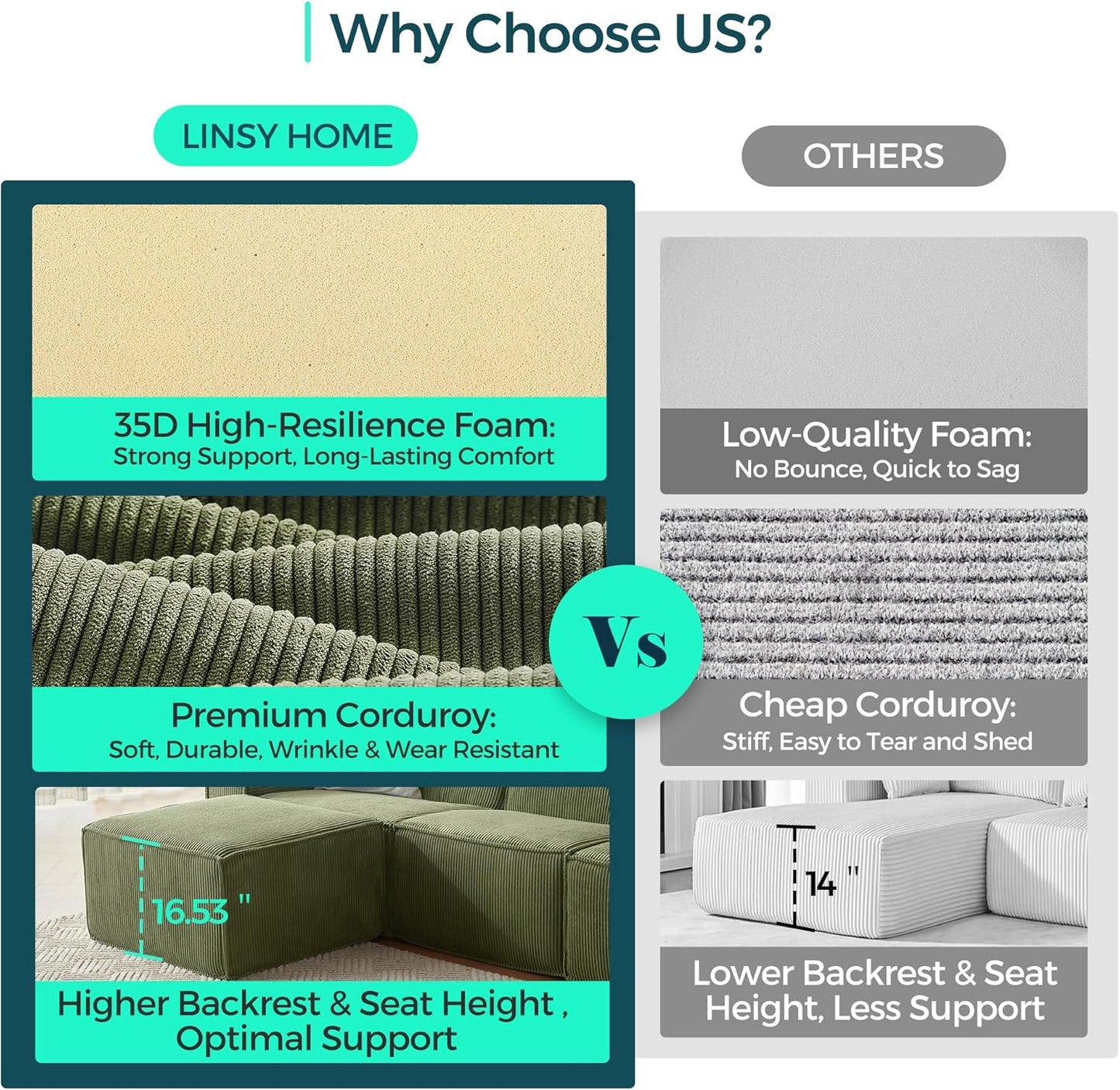 LINSY HOME Modular Sectional Sofa, 134" Boneless Couch U Shaped 4-Seat Sofa with 2 Movable Ottomans, Corduroy Sectional Cloud Couches for Living Room, No Assembly Required, Green