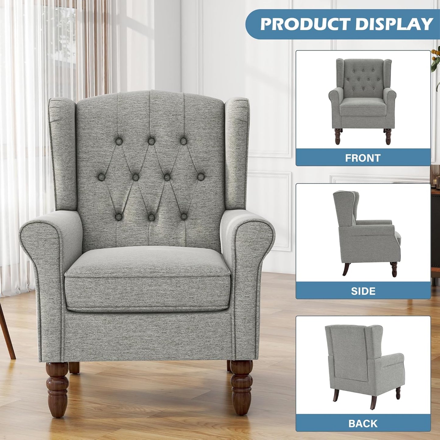 UIXE High Back Accent Chairs Set of 2, Upholstered Armchair in Fabric, Retro Wingback Arm Chair for Living Room, Comfy Single Sofa Bedroom Reading Seat with Solid Wood Legs - Light Gray