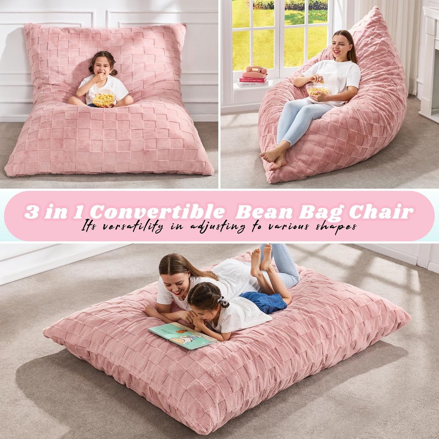 Hobestluk 3 in 1 Bean Bag Chair Giant Bean Bag Chairs for Adults with Plaid Cover Convertible Bean Bag Floor Cushion with Machine Washable Cover for Living Room (Plaid Pink)