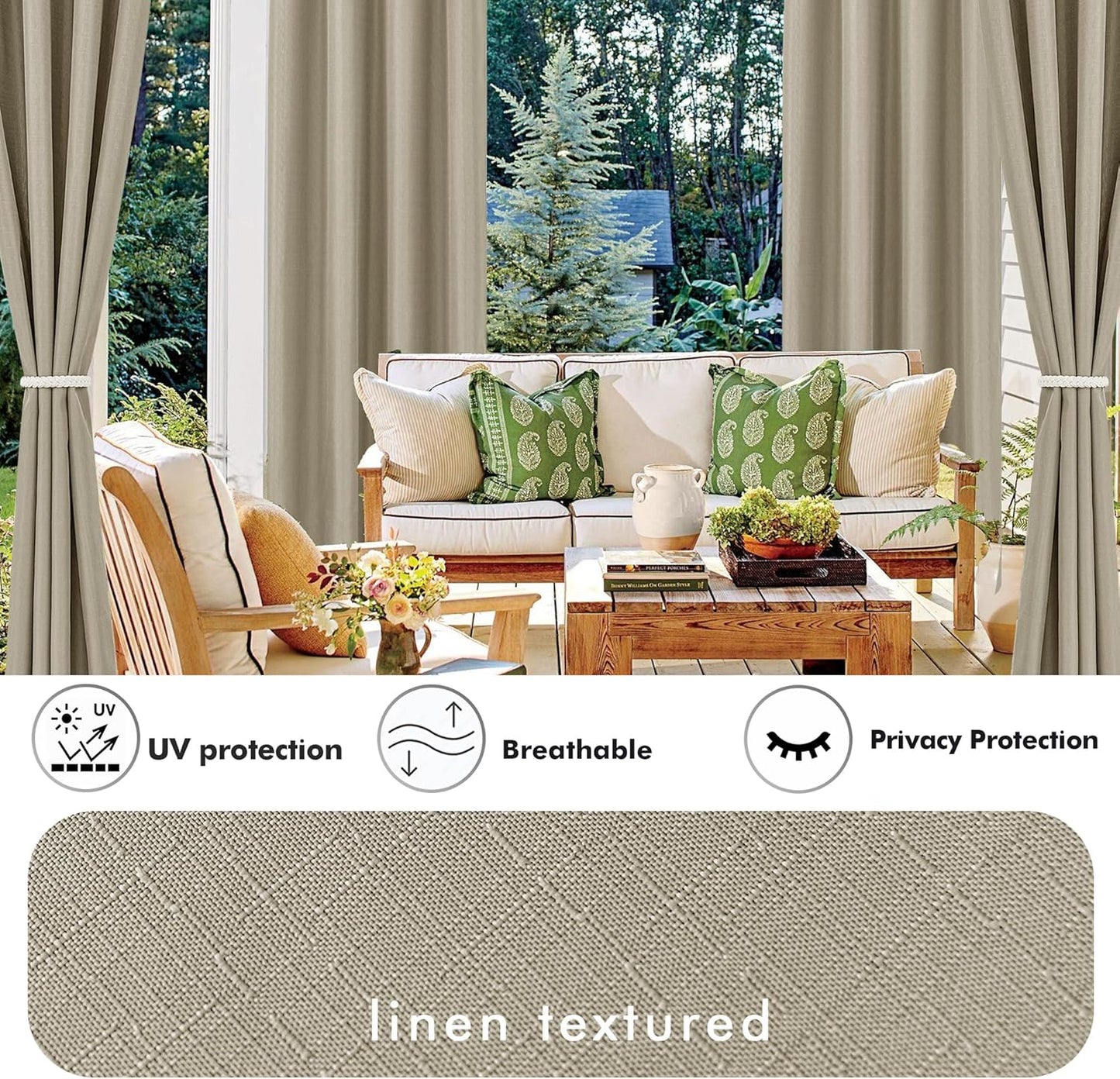HolidayIdeas 4 Panels Linen Outdoor Curtains for Patio Waterproof Taupe Outside Curtains 110"x84"-Gazebo Wide Curtains Weighted Privacy for Pergola, Porch, Cabana, Living Room, Backyard, Pavilion