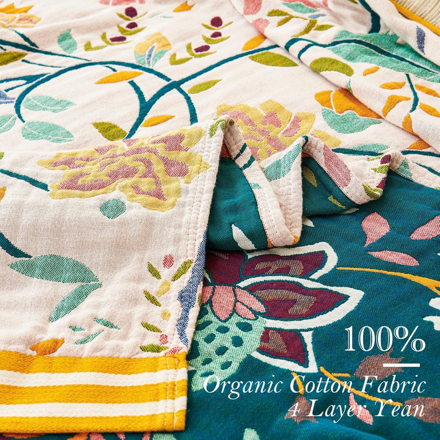 Boho Throw Blanket, 100% Organic Cotton Breathable Ultra Soft 91" x 98" Bed Quilt Throw - All Season Floral Rustic Farmhouse Decor Luxury Reversible Blanket for Sofa Couch Chair and Gift