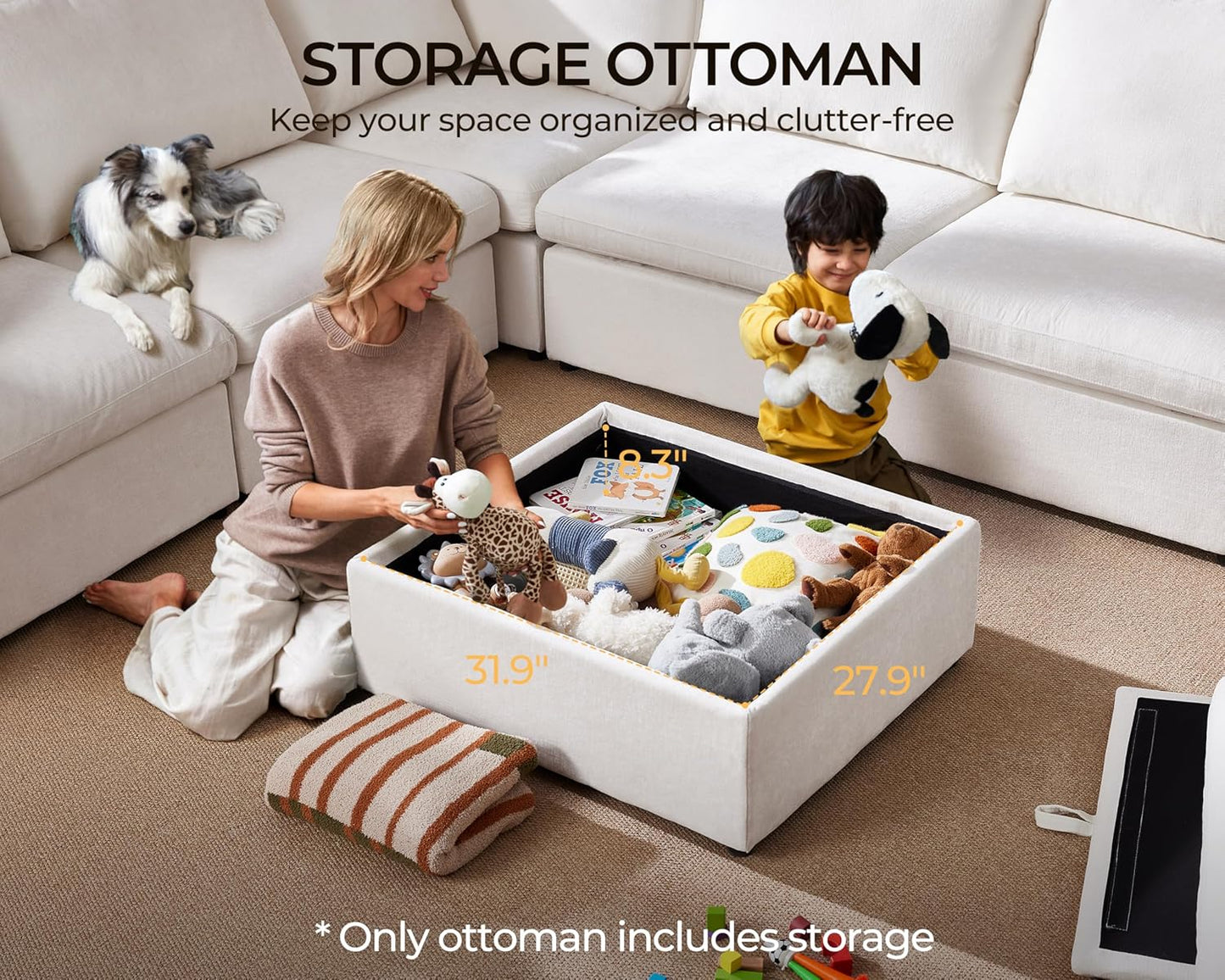 Oversized Modular Sofa Comfy Cloud Couch with Storage, Extra Deep Plush Sectional Sofa Set for Living Room, Covers Washable, Chenille, Olar (White, 6-Seater with 2 Corners, u-Shaped)