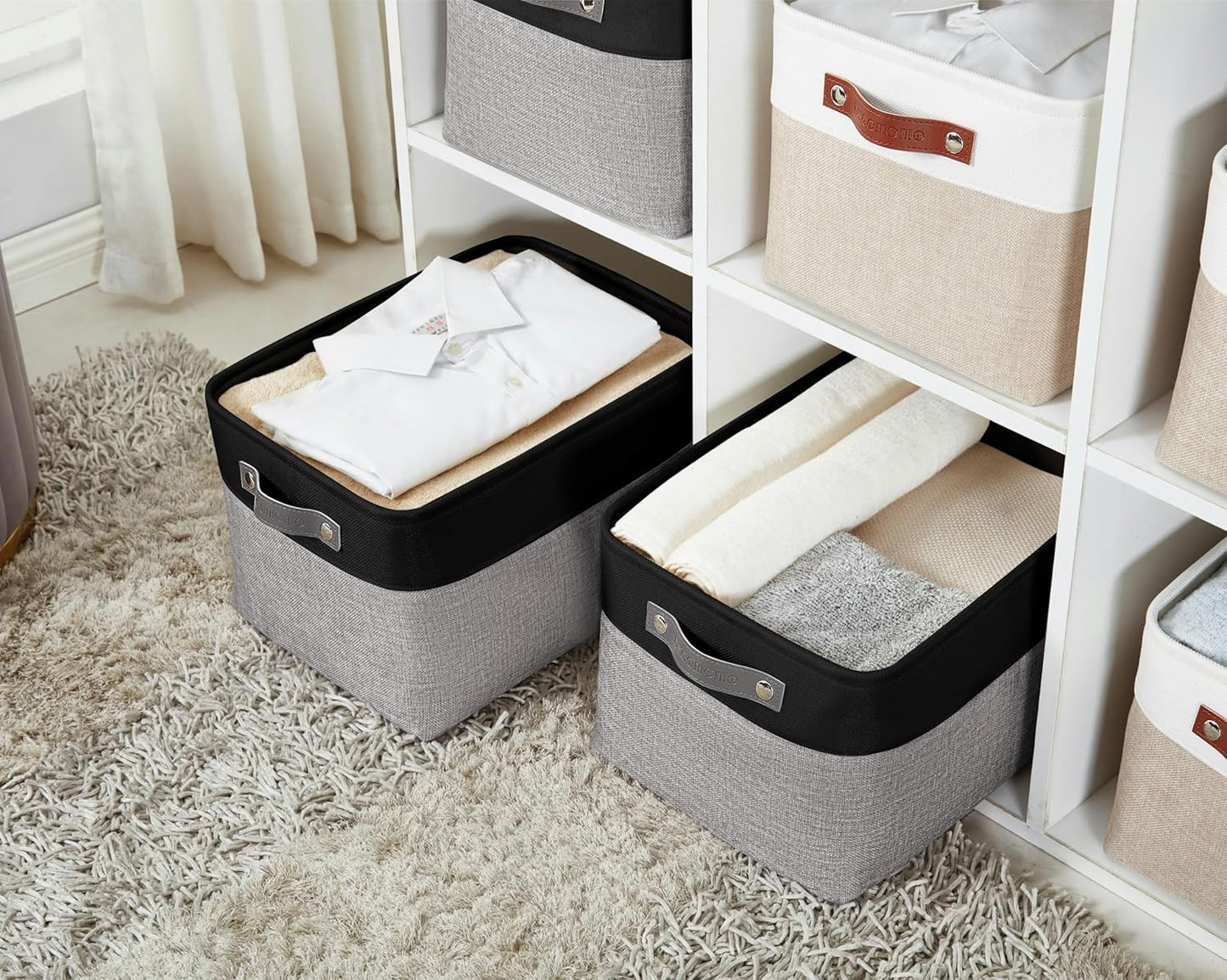 DECOMOMO Storage Baskets for Shelves - Fabric Closet Organizers and Storage Bins, Perfect Baskets for Organizing Closet Toys Nursery (Grey and Black, Large - 3 Pack)