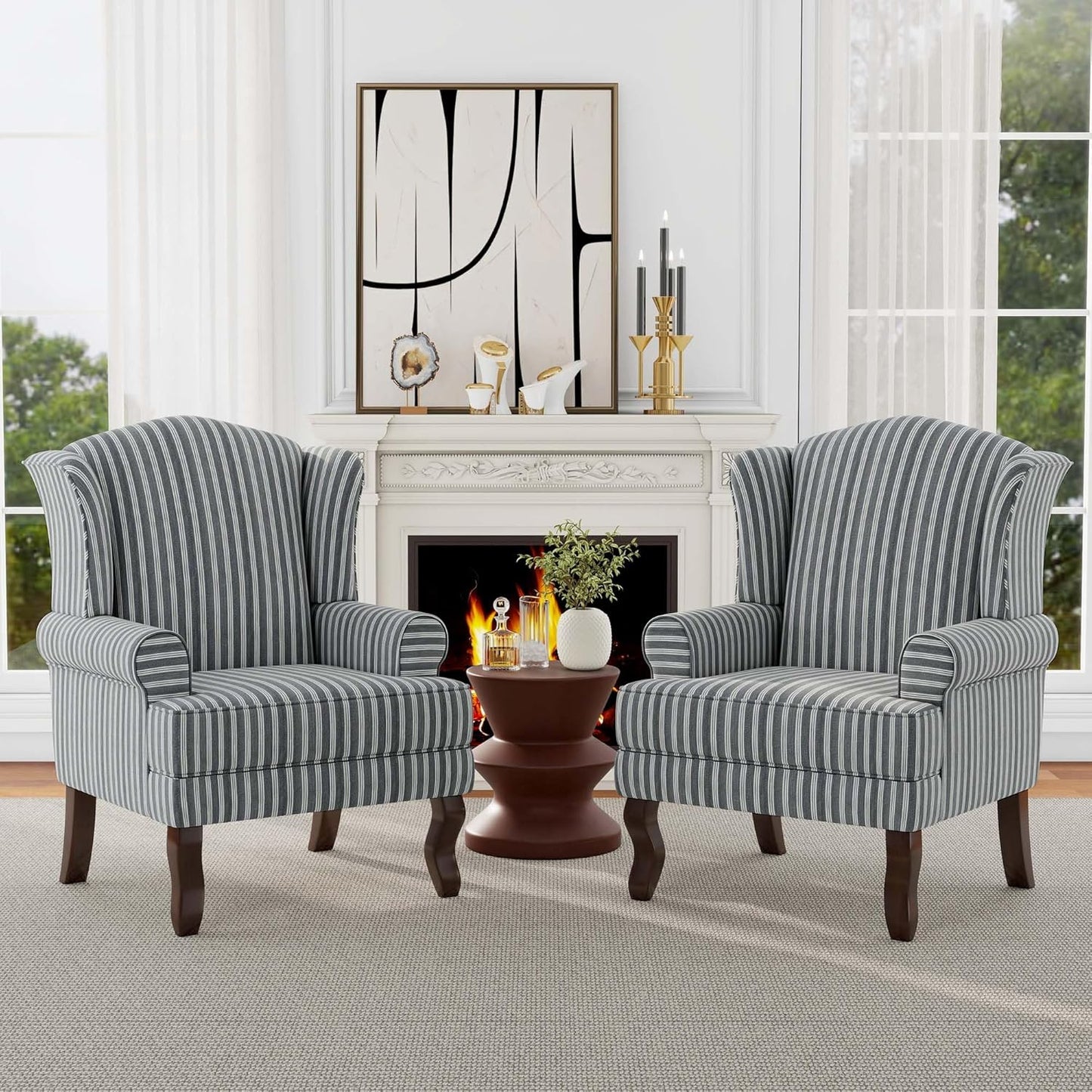 Accent Chair, High Back Upholstered Armchair with High Resilience Sponge & Wood Legs, Mid-Century Modern Comfy Single Sofa Reading Chairs for Living Room, Bedroom (Stripe Grey, Set of 1)