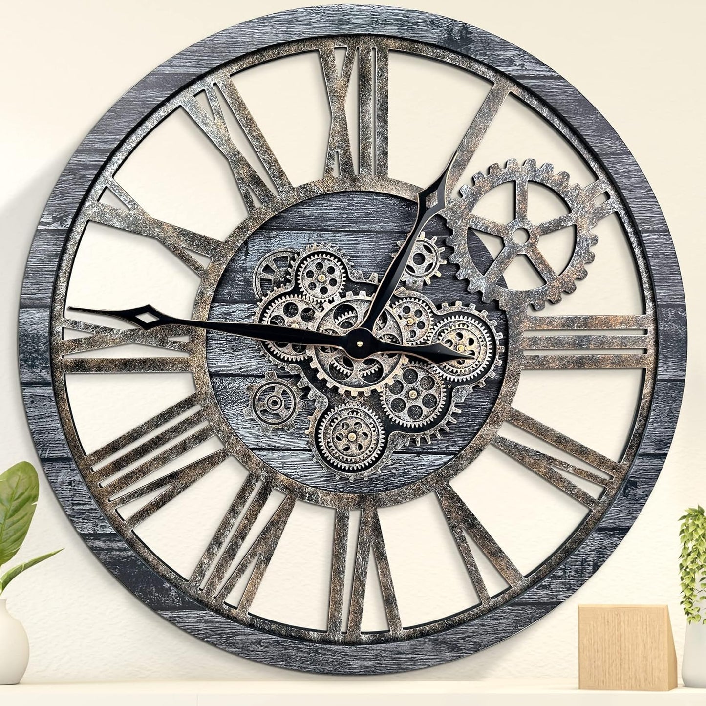 HOIBAI Large Wall Clock, Wall Clocks for Living Room Decor 36 Inch Farmhouse Vintage Rustic Kitchen Wall Decor Vintage Roman Oversized Wall Clock for Home Bedroom House, Moving Gears Clock