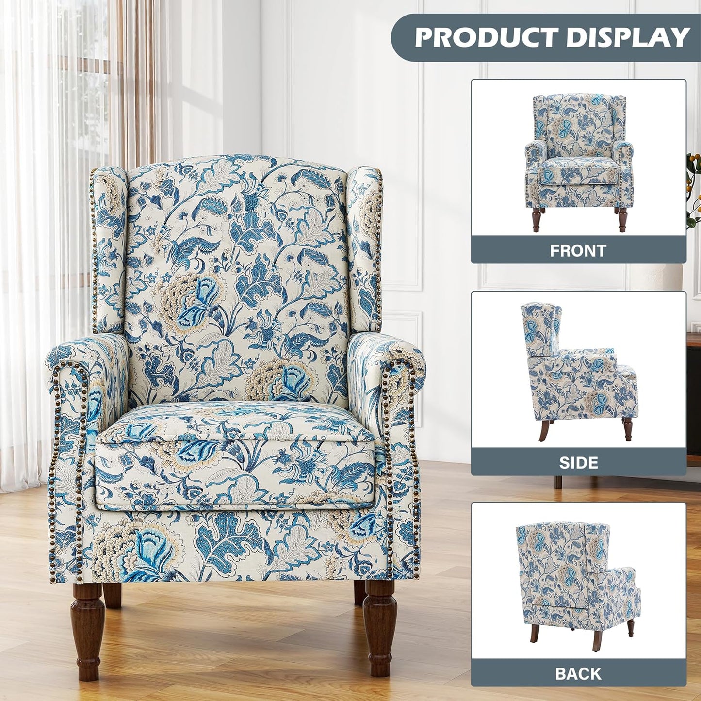 UIXE High Back Floral Accent Chairs Set of 2, Upholstered Armchair in Fabric, Retro Printed Wingback Arm Chair for Living Room, Nailhead Trim Single Sofa Bedroom Reading Seat - Boho Blue