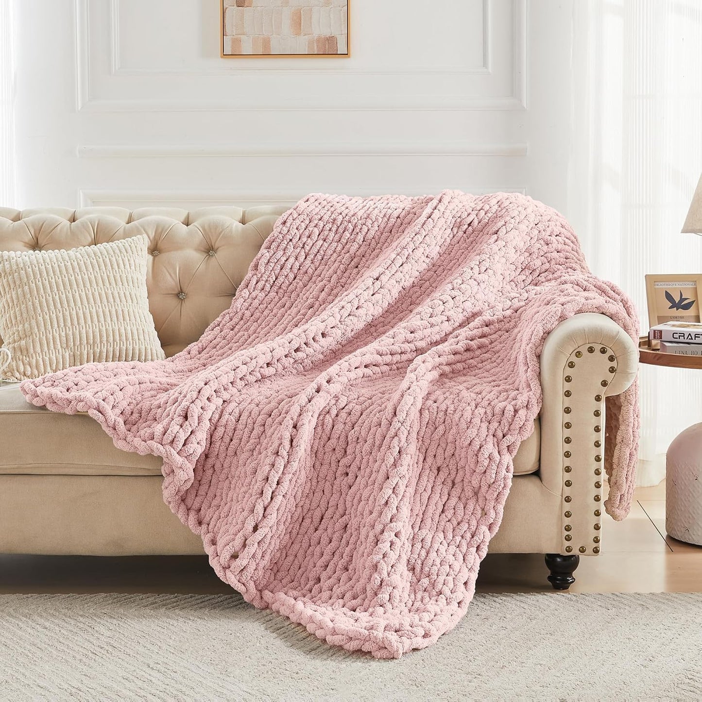 Carriediosa Chunky Knit Throw Blanket 50" X 60", 100% Hand Made Large Chenille Loop Yarn Soft Fluffy Throws for Couch Sofa Bed, Big Crochet Cozy Heavy Thick Cable Woven Blankets, Dusty Pink