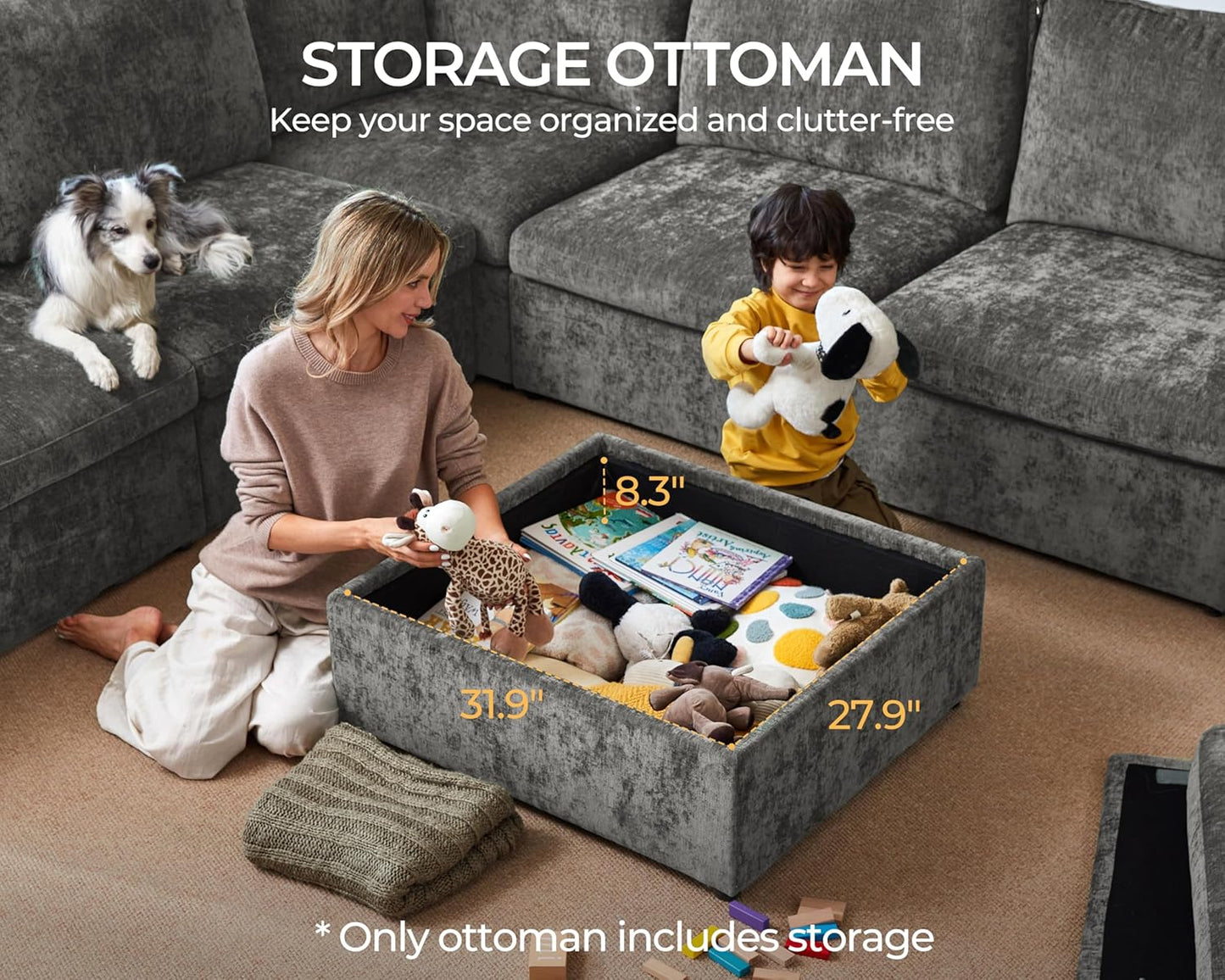 Oversized Modular Sofa Comfy Cloud Couch with Storage, Extra Deep Plush Sectional Sofa Set for Living Room, Covers Washable, Chenille, Olar (Grey, 6-seatser with Corner & Ottoman, v-Shaped)